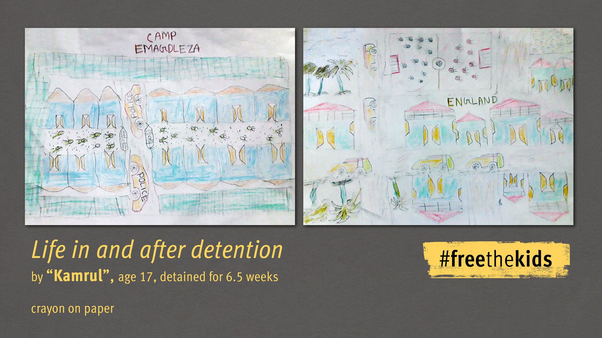 Drawing by "Kamrul," age 17, detained for 6.5 weeks. Drawing titled, "Life in and After Detention"