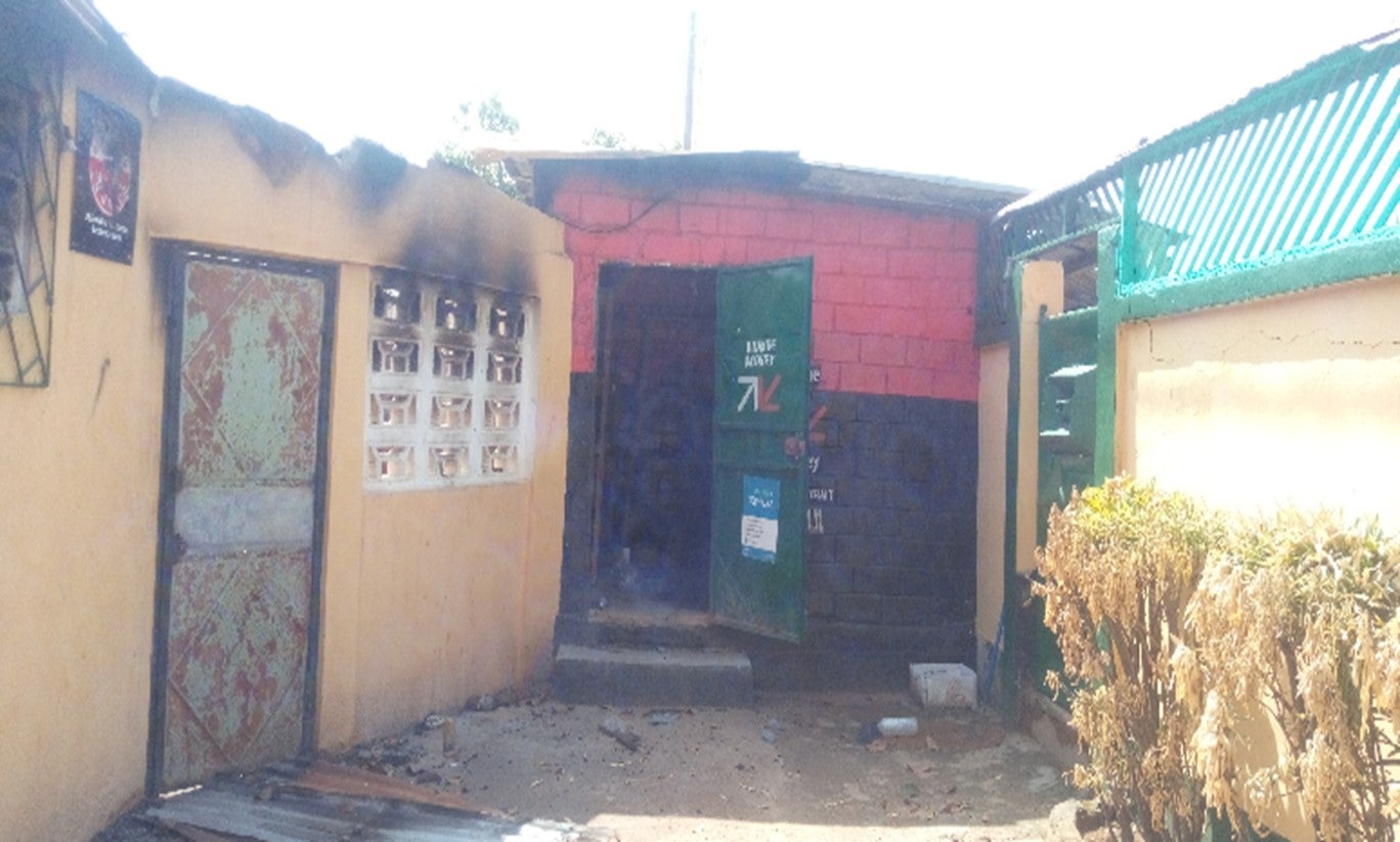 The burned exterior of a building
