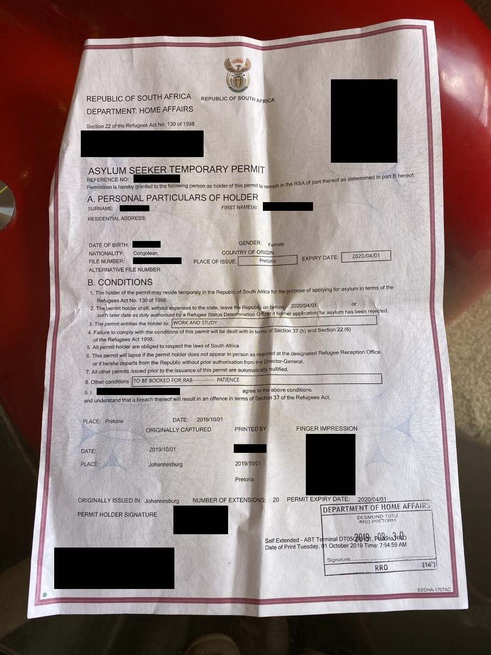 A redacted one-page document