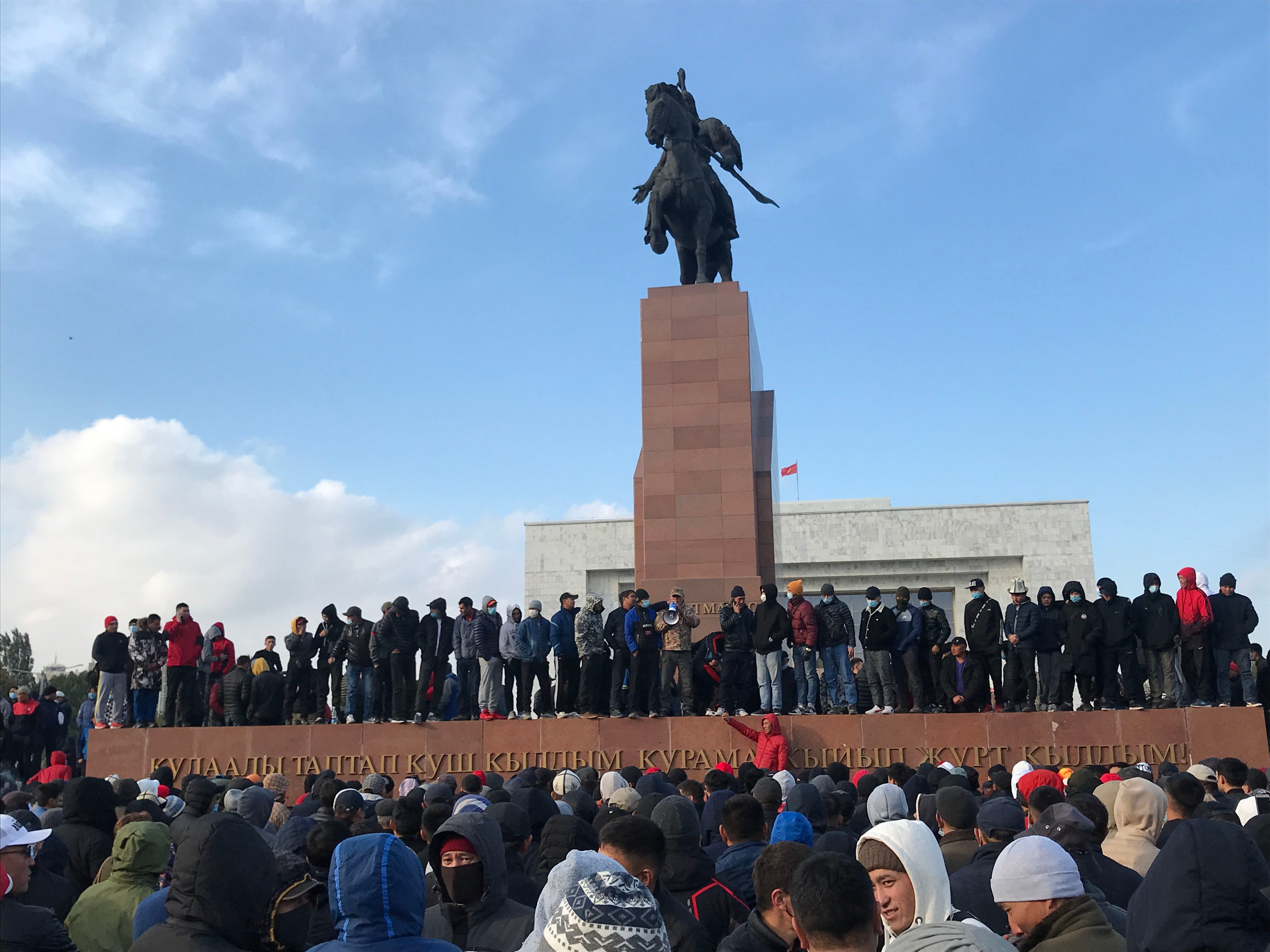 Protesters gathered on Ala Too Square in Bishkek, Kyrgyzstan's capital on October 6, 2020, two days after a disputed parliamentary election.
