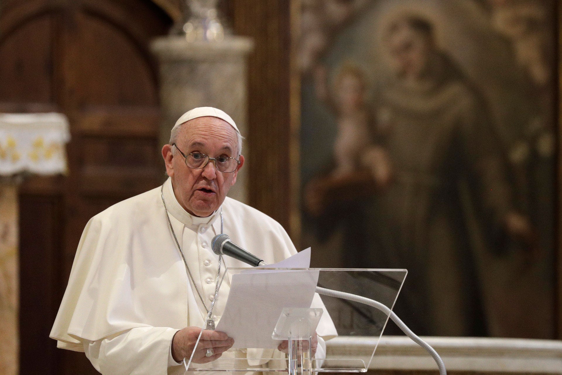 Pope Francis attends a inter-religious ceremony for peace in the Basilica of Santa Maria in Aracoeli, in Rome, October 20, 2020. 