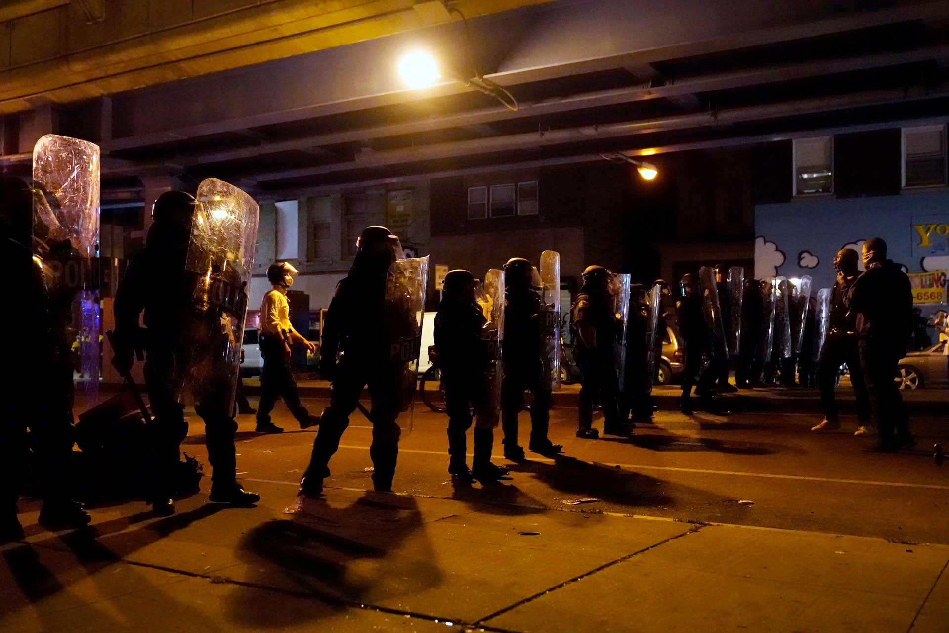 Philadelphia police officers form a line during a demonstration in Philadelphia, October 27, 2020. 