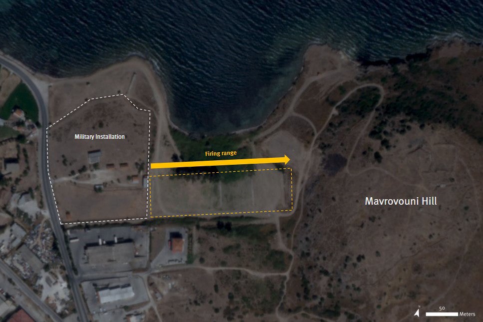 Mavrovouni camp with at least 200 tents located on the former firing range strip.