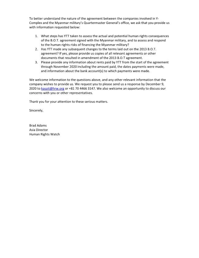 Letter to Yangon Technical & Trading Co., Ltd. by Human Rights Watch