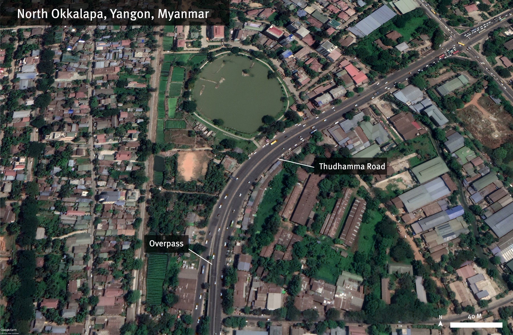 The location of the overpass where military vehicles were observed.