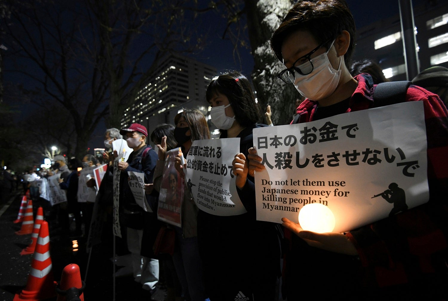 People protest the Myanmar Armed Forces in front of the Ministry of Foreign Affairs in Chiyoda Ward, Tokyo on April 1, 2021.