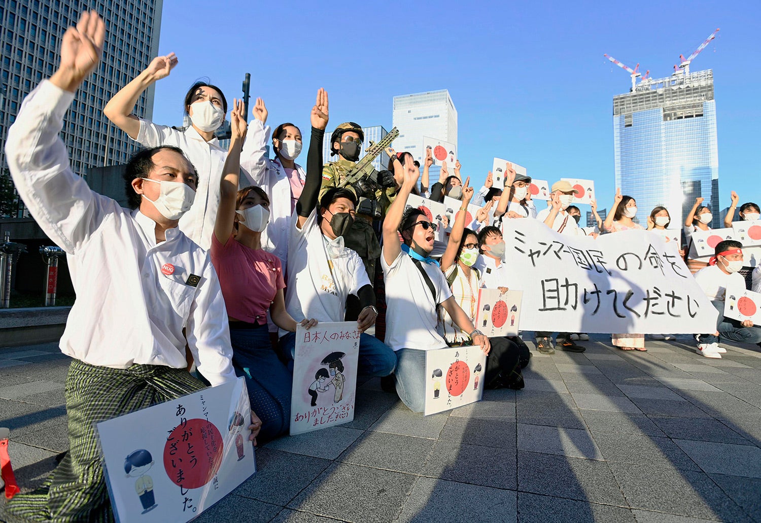 Myanmar residents in Japan stage a protest rally in Tokyo on August 1, 2021. 