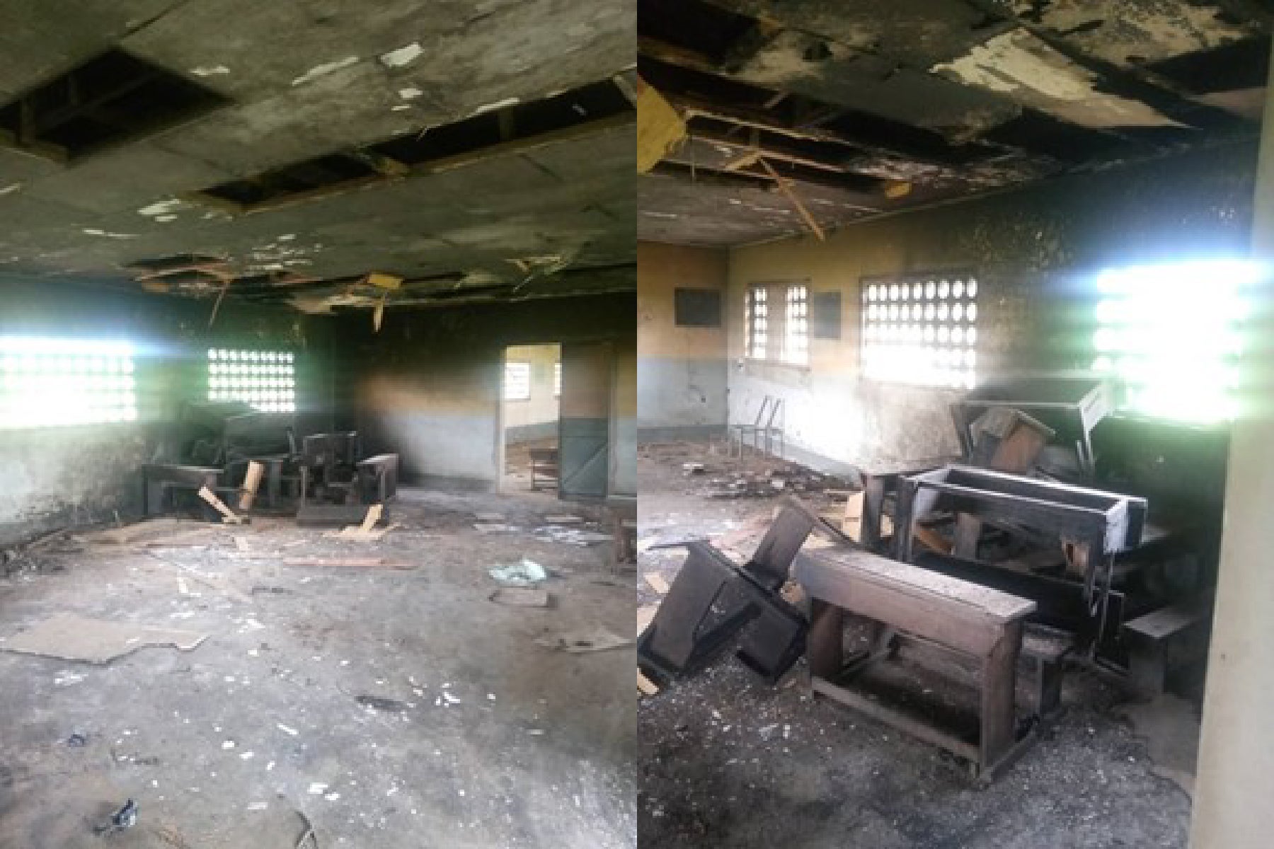Side-by-side photos showing damage to a classroom