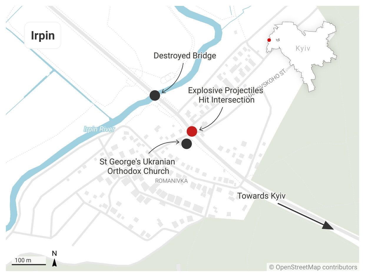 Carte montrant l’emplacement de l’intersection (point rouge) à Irpin, en Ukraine, où les forces russes ont tiré des projectiles explosifs le 6 mars 2022, alors que des civils tentaient de fuir, à pied et en voiture, en direction de Kiev.