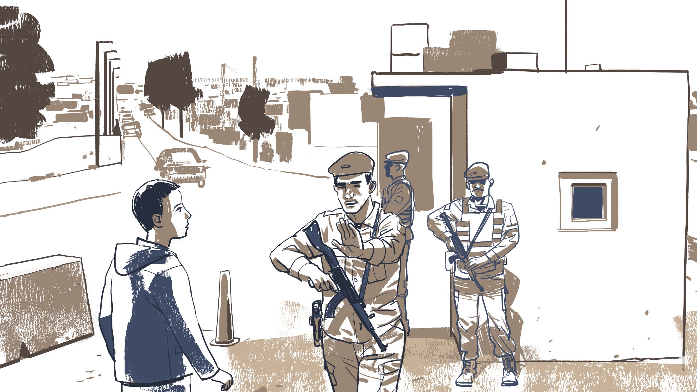 An illustration of security forces confronting a woman with short hair
