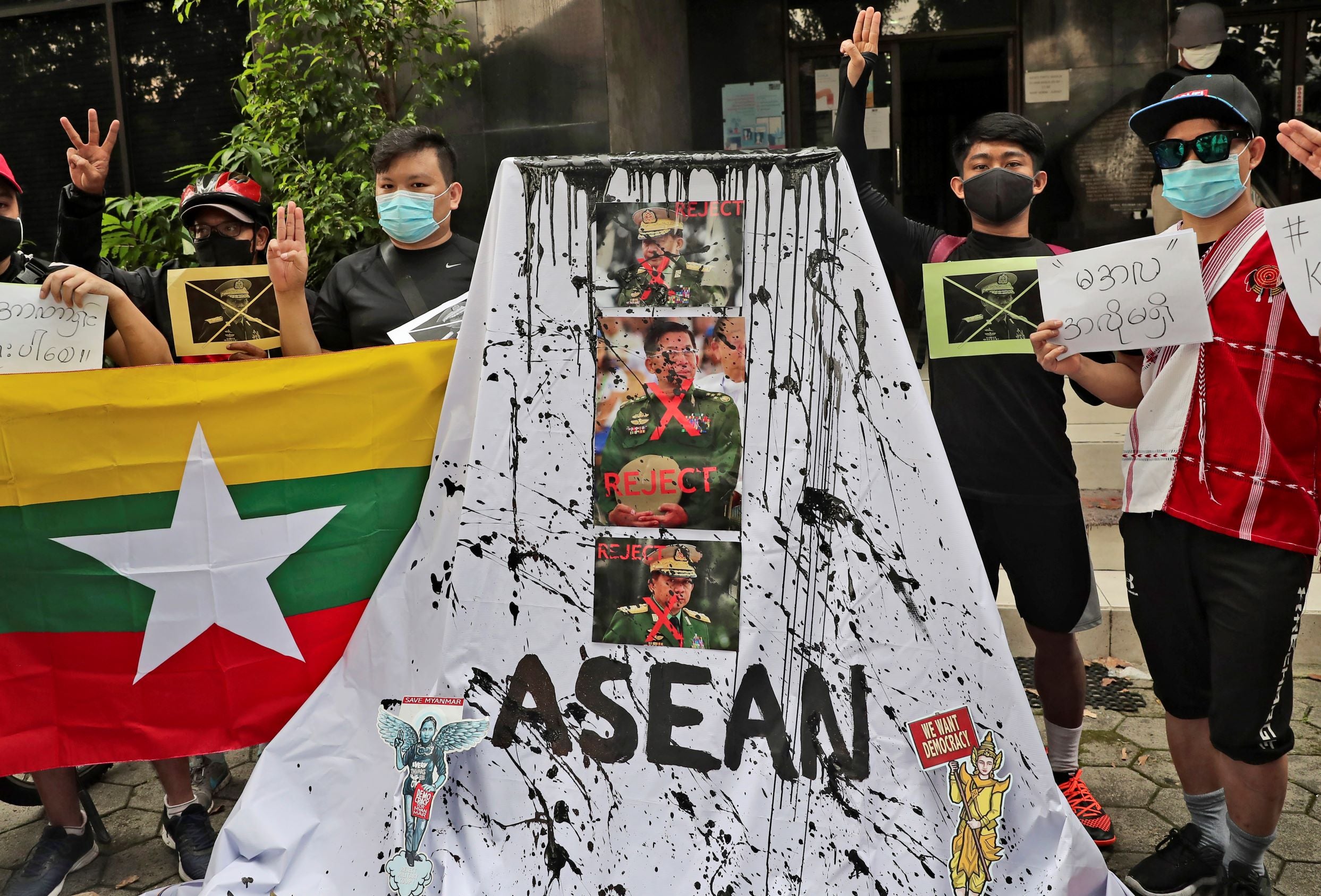 Activists protest the Myanmar military coup during an ASEAN summit in Jakarta, Indonesia, April 24, 2021. 