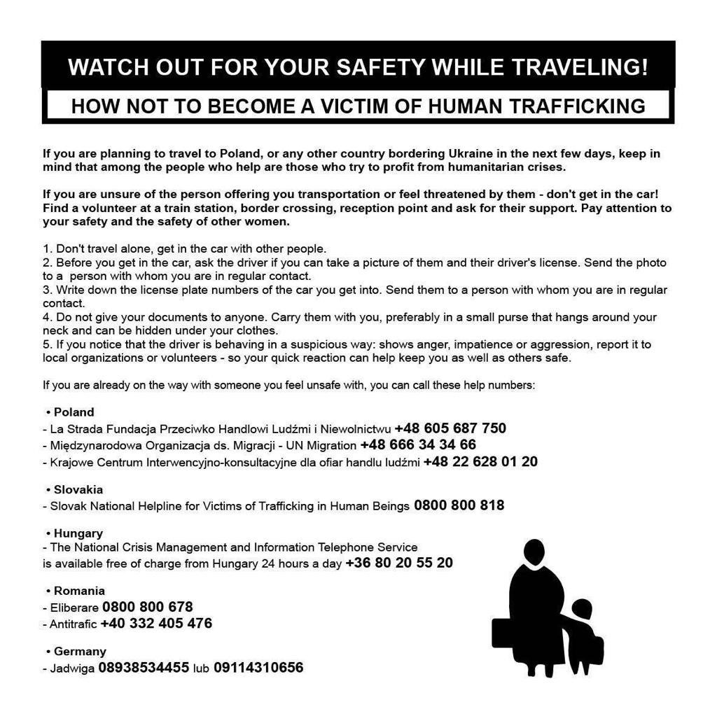 A flyer at a refugee reception center in Korczowa, Poland with advice on steps to prevent trafficking and helpline numbers to call in case of problems, March 22, 2022.
