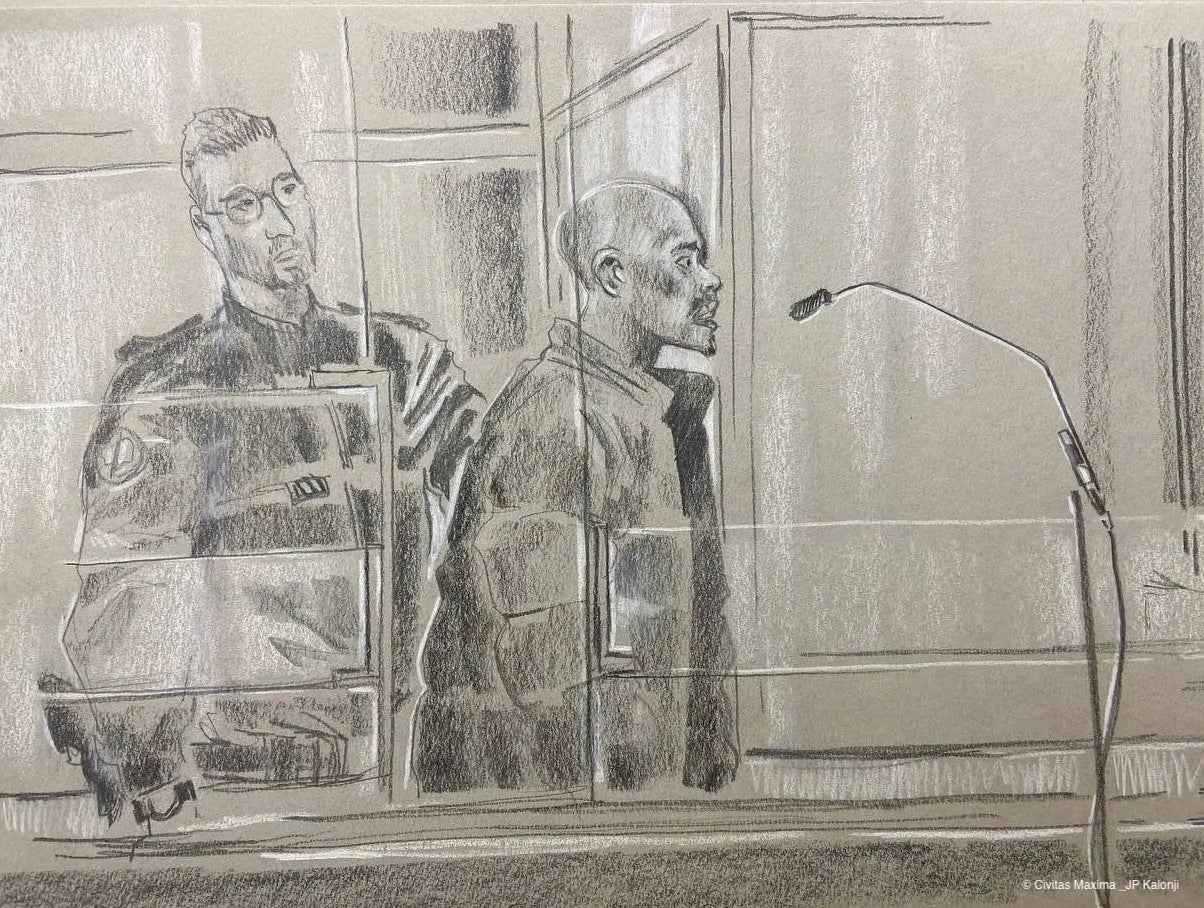 A courtroom sketch showing Kunti Kamara addressing the Paris Criminal Court during his trial, October 2022. 