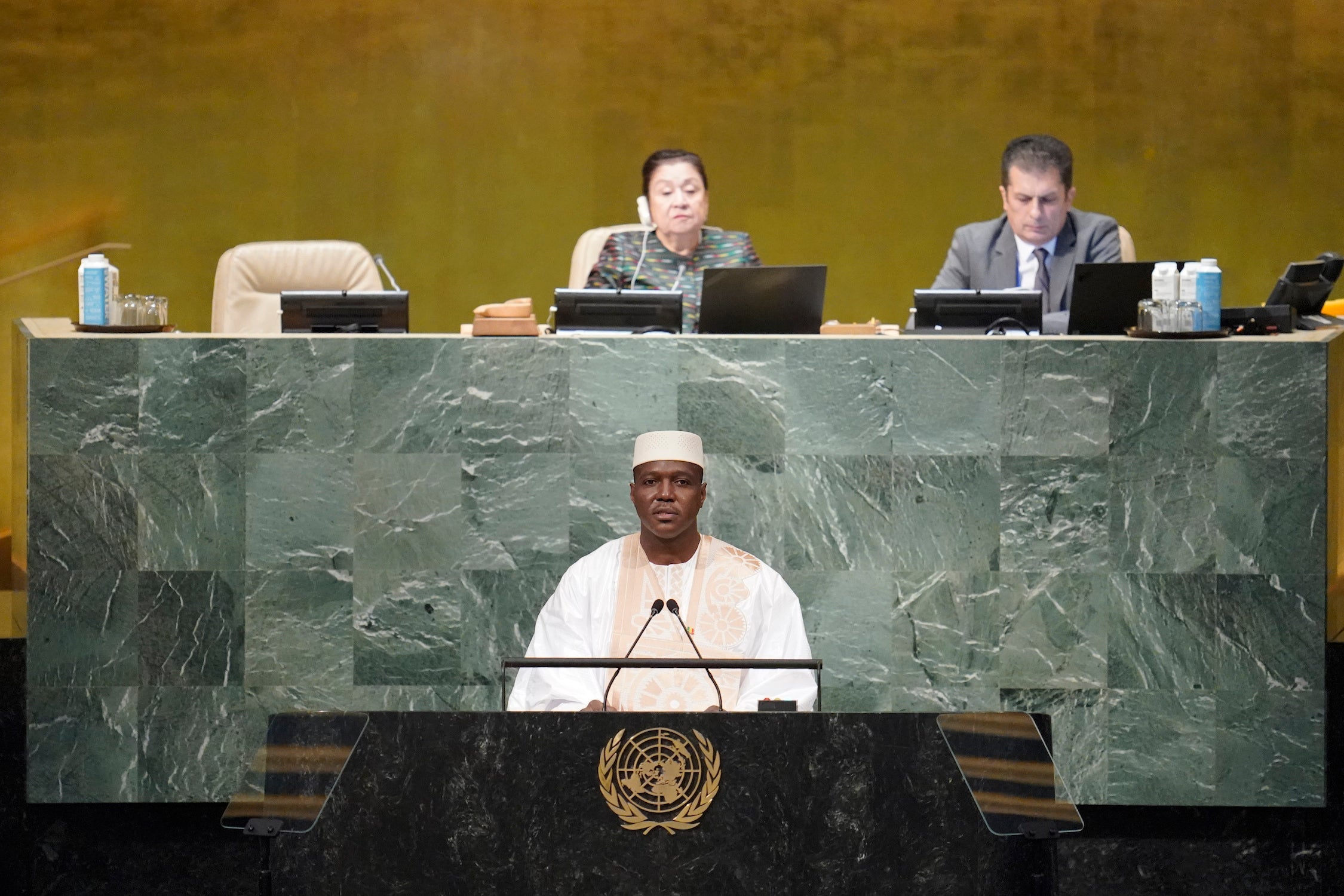 Le Premier ministre par intérim du Mali, Abdoulaye Maïga, s'adresse à la 77e session de l'Assemblée générale des Nations Unies, le 24 septembre 2022.
