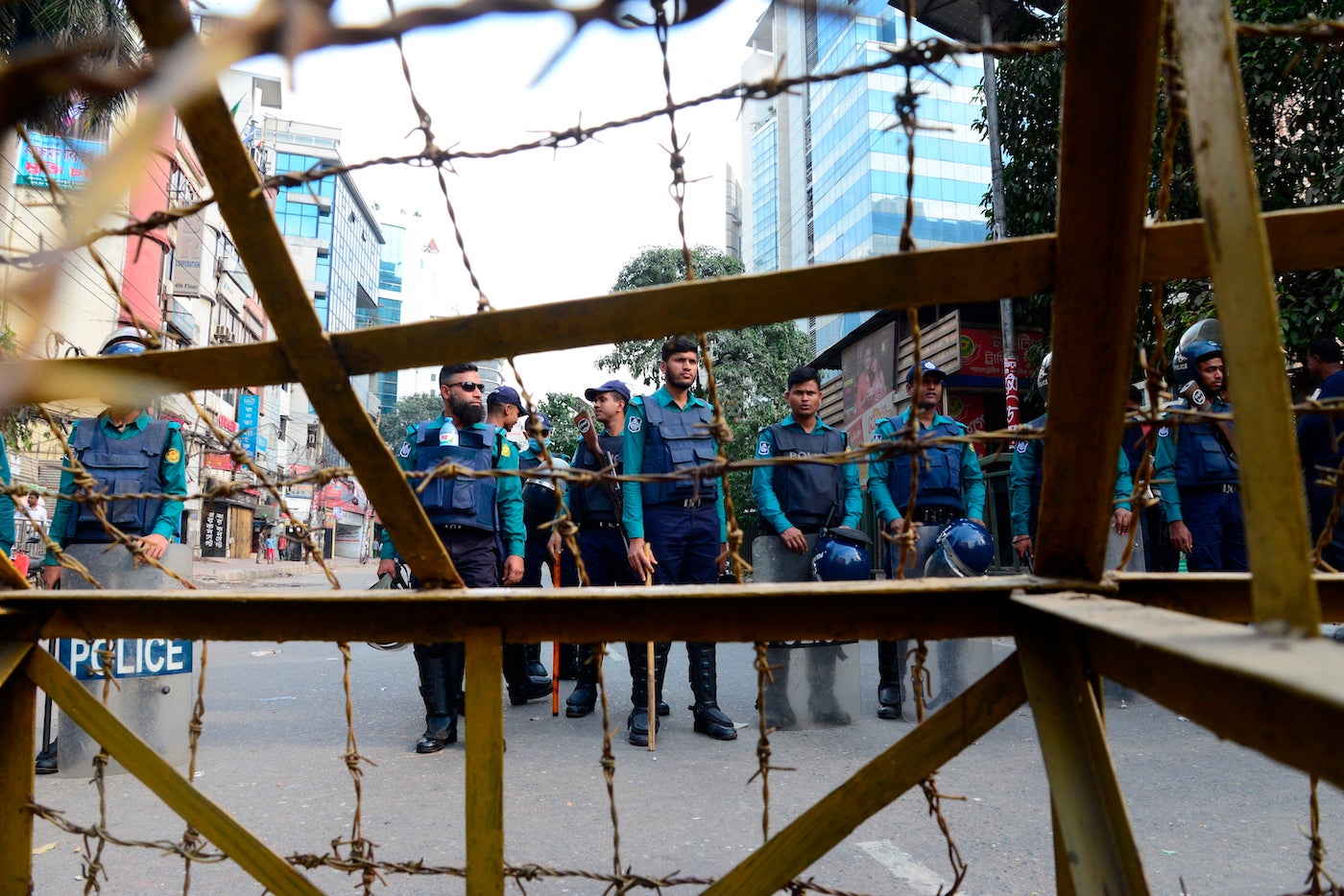 Police set up a roadblock near the opposition Bangladesh Nationalist Party's central office in Dhaka.