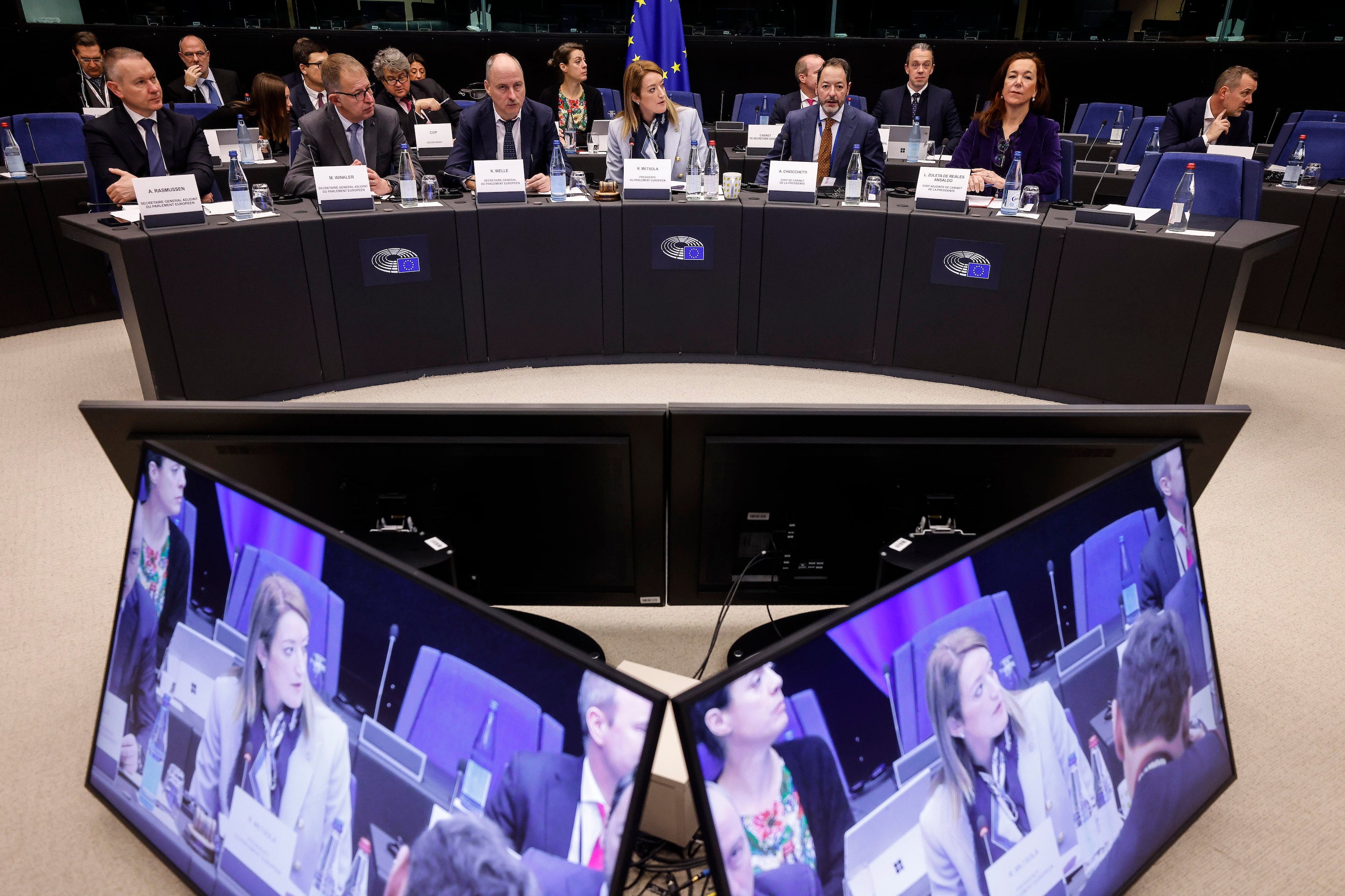 Roberta Metsola, president of the European Parliament meets the presidents of political groups in a special meeting to decide the impeachment of the vice president, Eva Kaili.