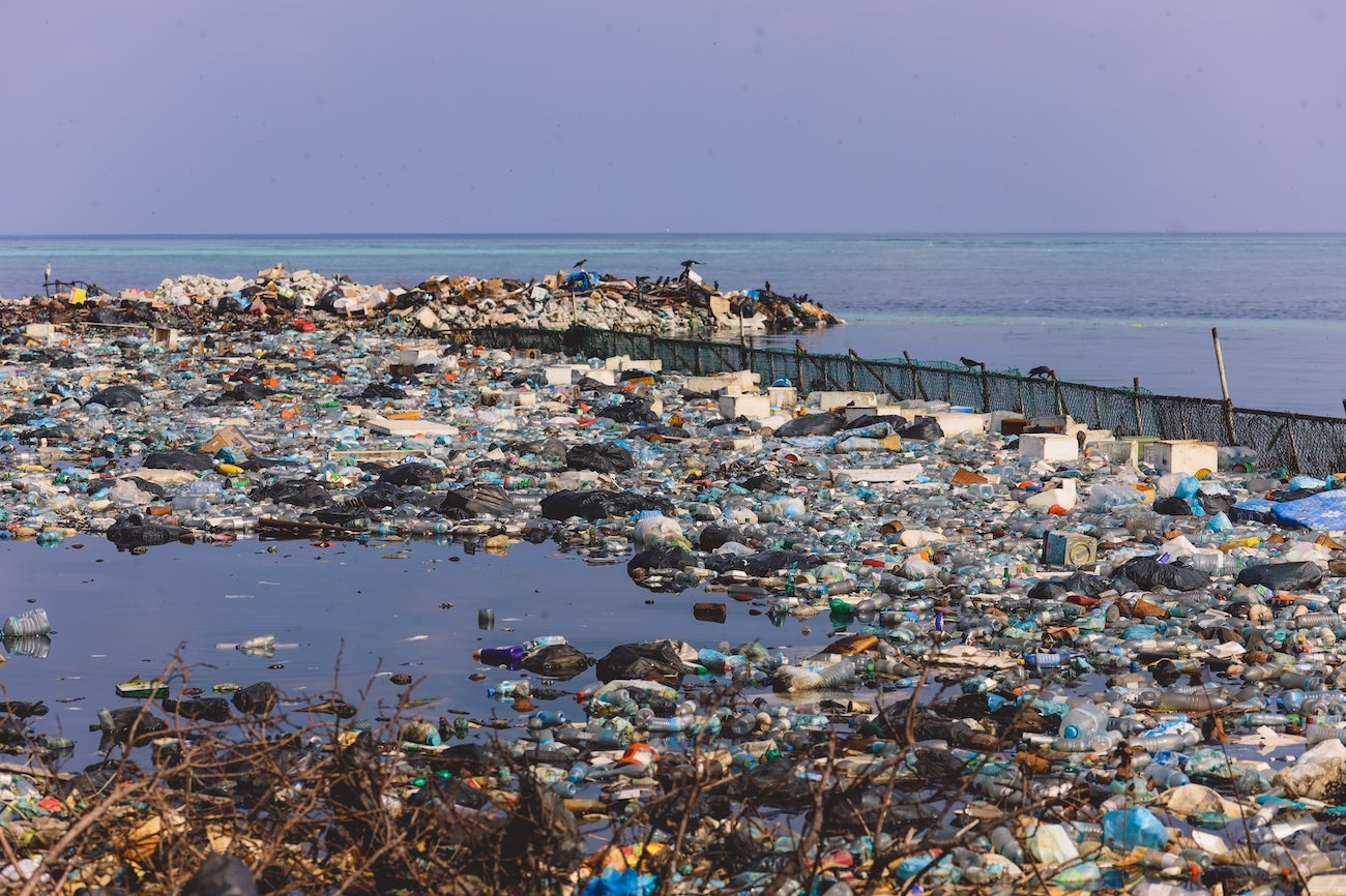 Trash along the coast of Maafushi Island in the Maldives. 