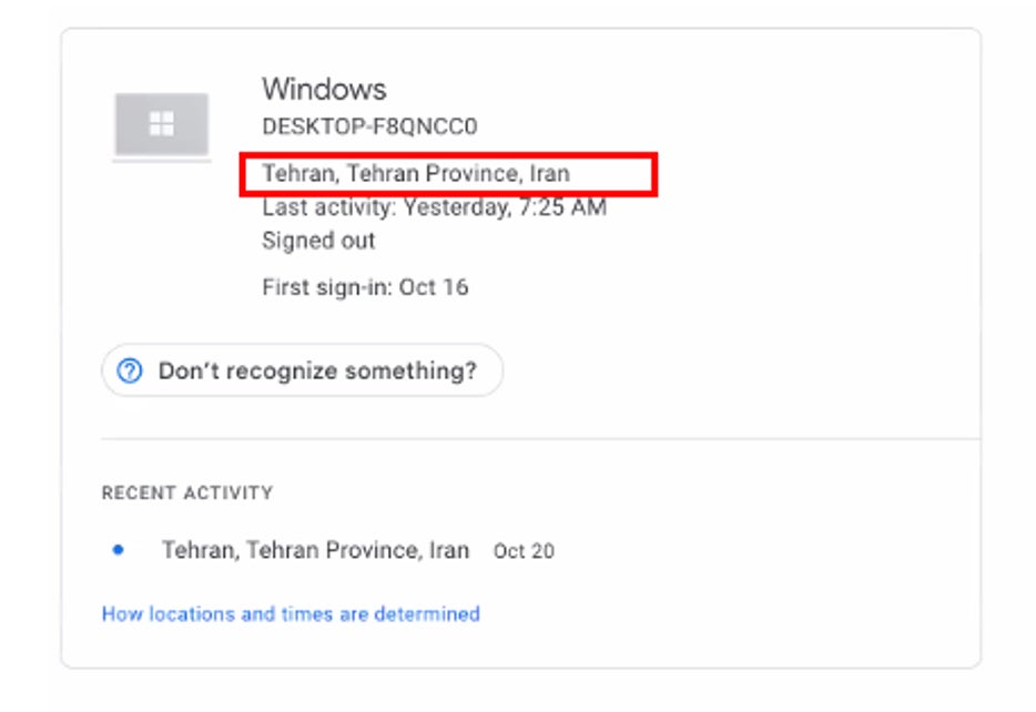 Screenshot of the connection logged on a compromised Google account (October 2022).