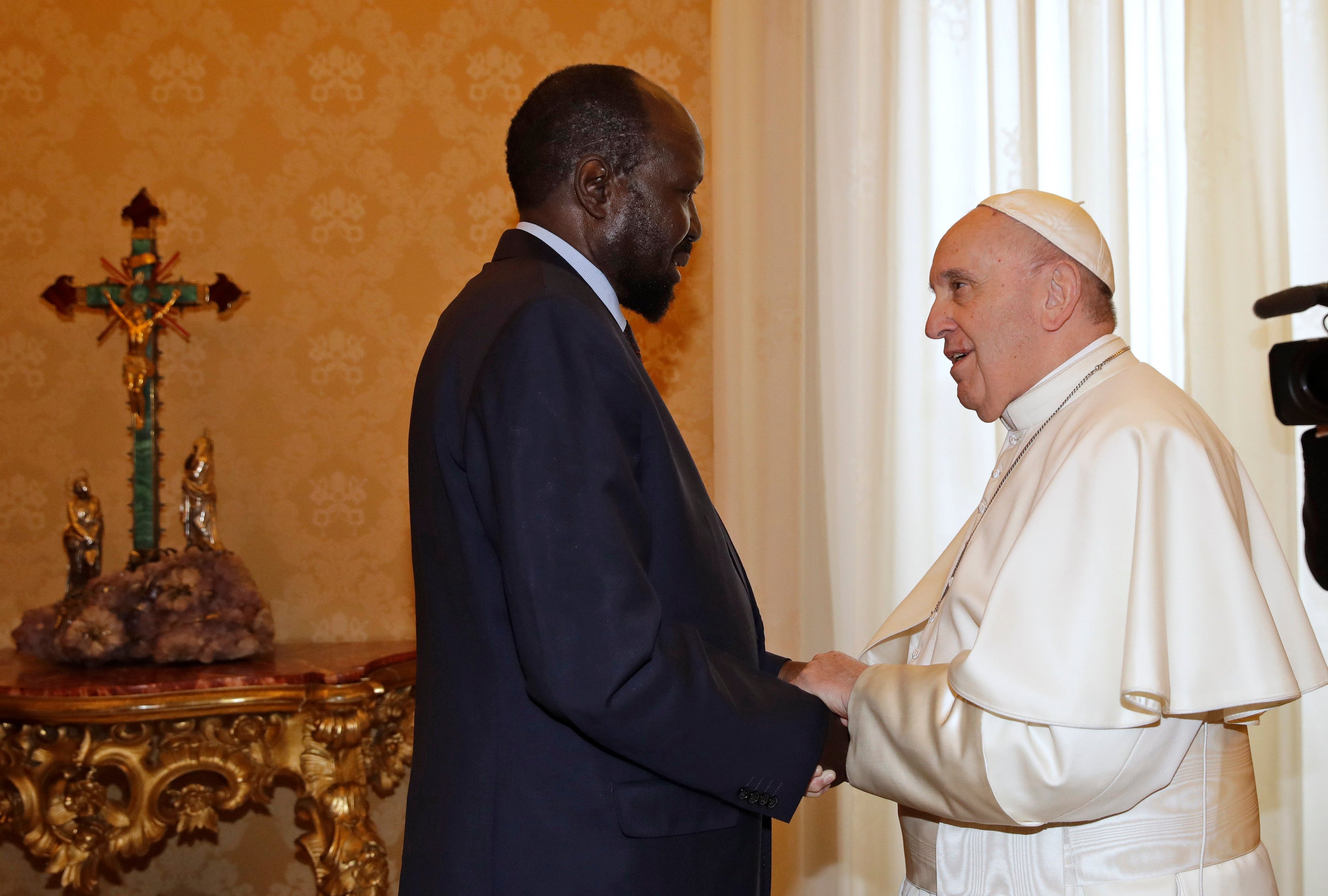 South Sudan President Salva Kiir meets Pope Francis.