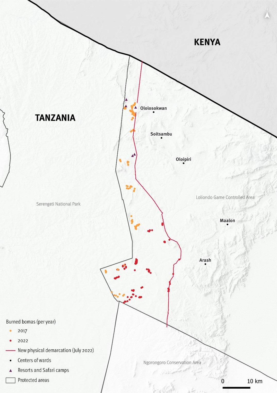 Map of the so-called “area A” of Pololeti Game Controlled Area displaying the full trace of the new demarcation built in mid-2022, along with homesteads and animal enclosures burned in 2017 and in 2022. 