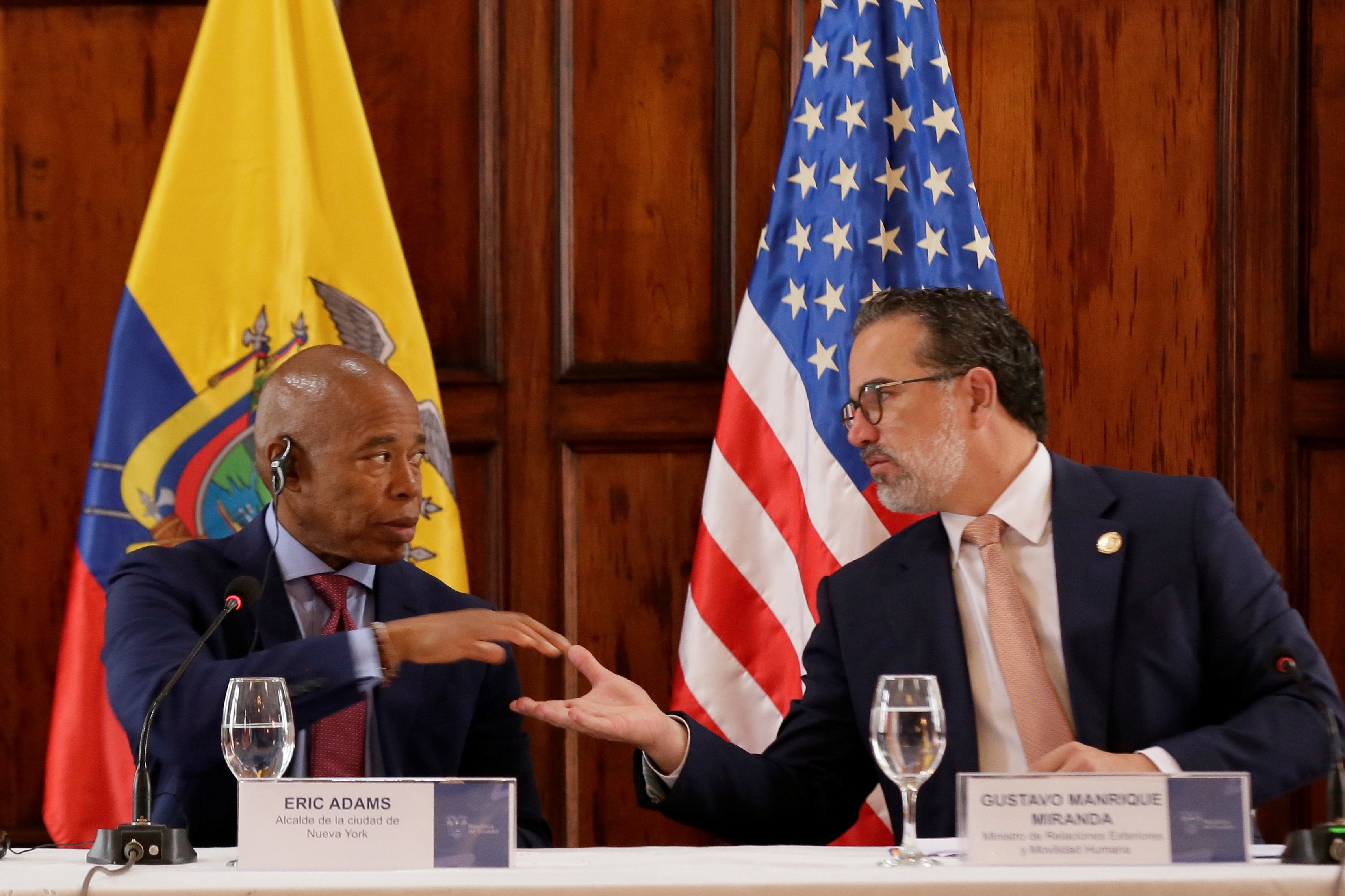 Ecuadorean Foreign Minister Gustavo Manrique, right, shakes hands with New York City Mayor Eric Adams
