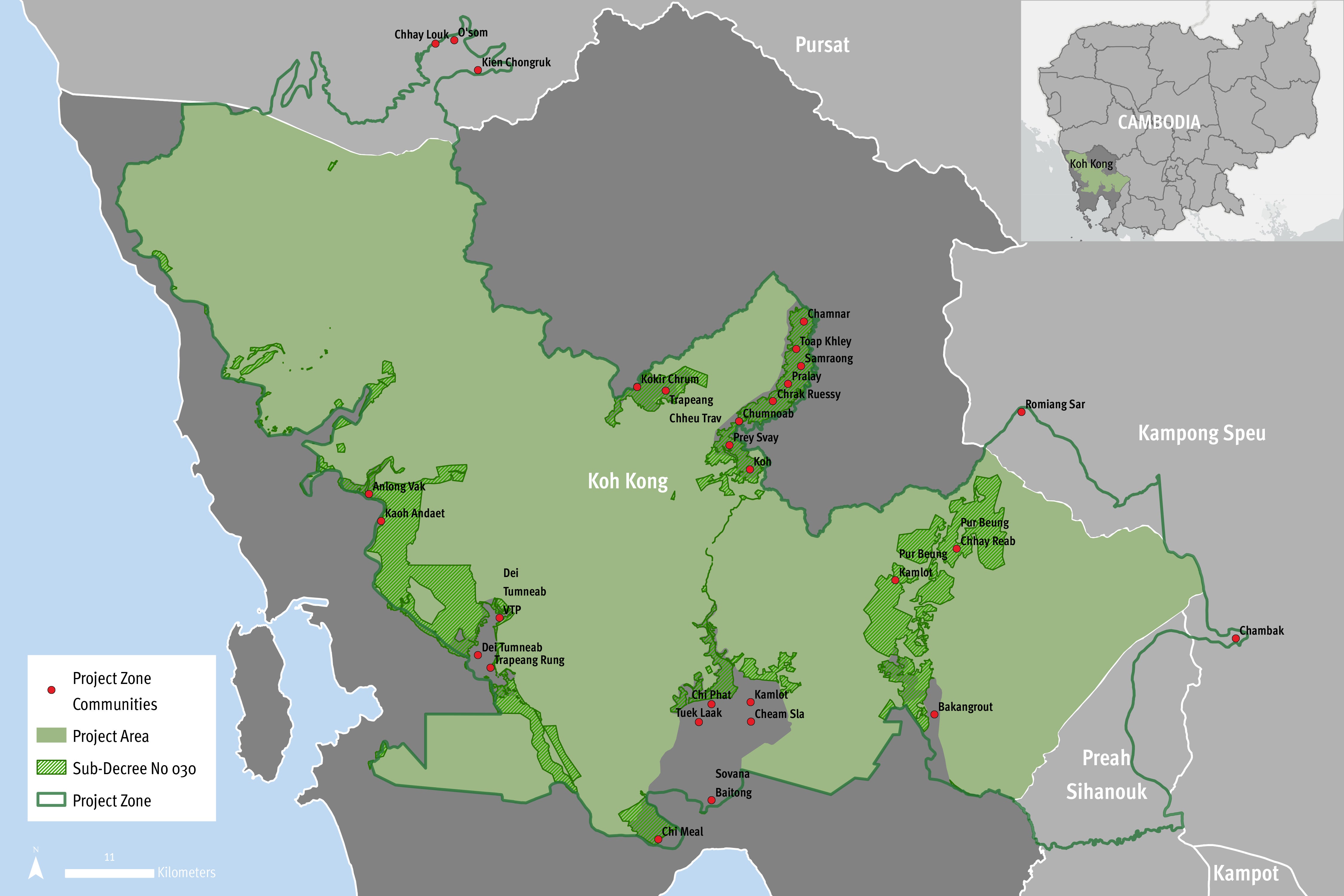 Map of Zones excised from protected areas by sub-decree no. 30 (2021) and their overlap with the Southern Cardamom REDD+ Project