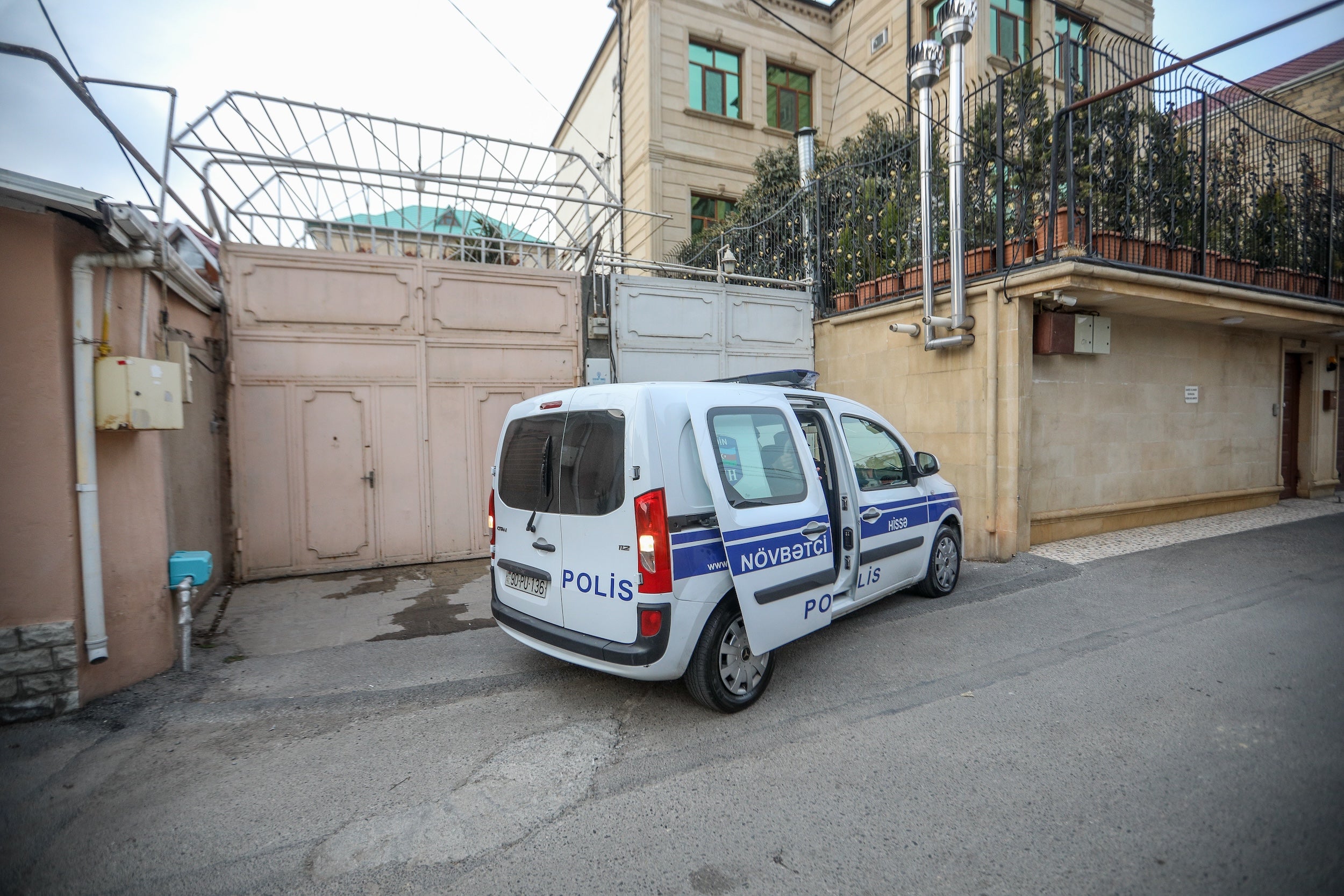 The police in front of Toplum TV office in Baku, Azerbaijan, March 6, 2024.