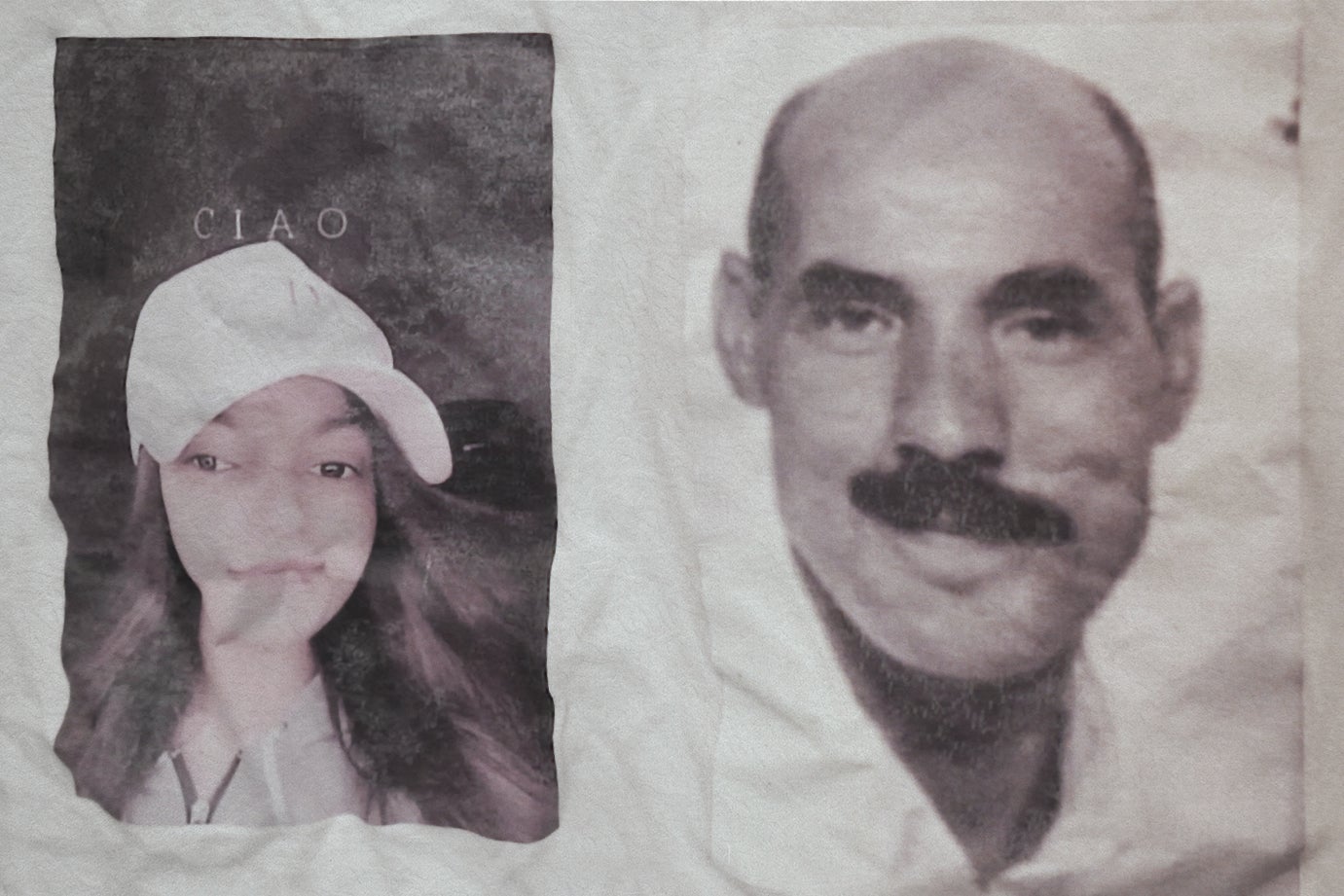 A screen-printed T-shirt with the photos of Mejid Hedhli, a contractor imprisoned for unpaid checks since 2015, and his daughter Siwar