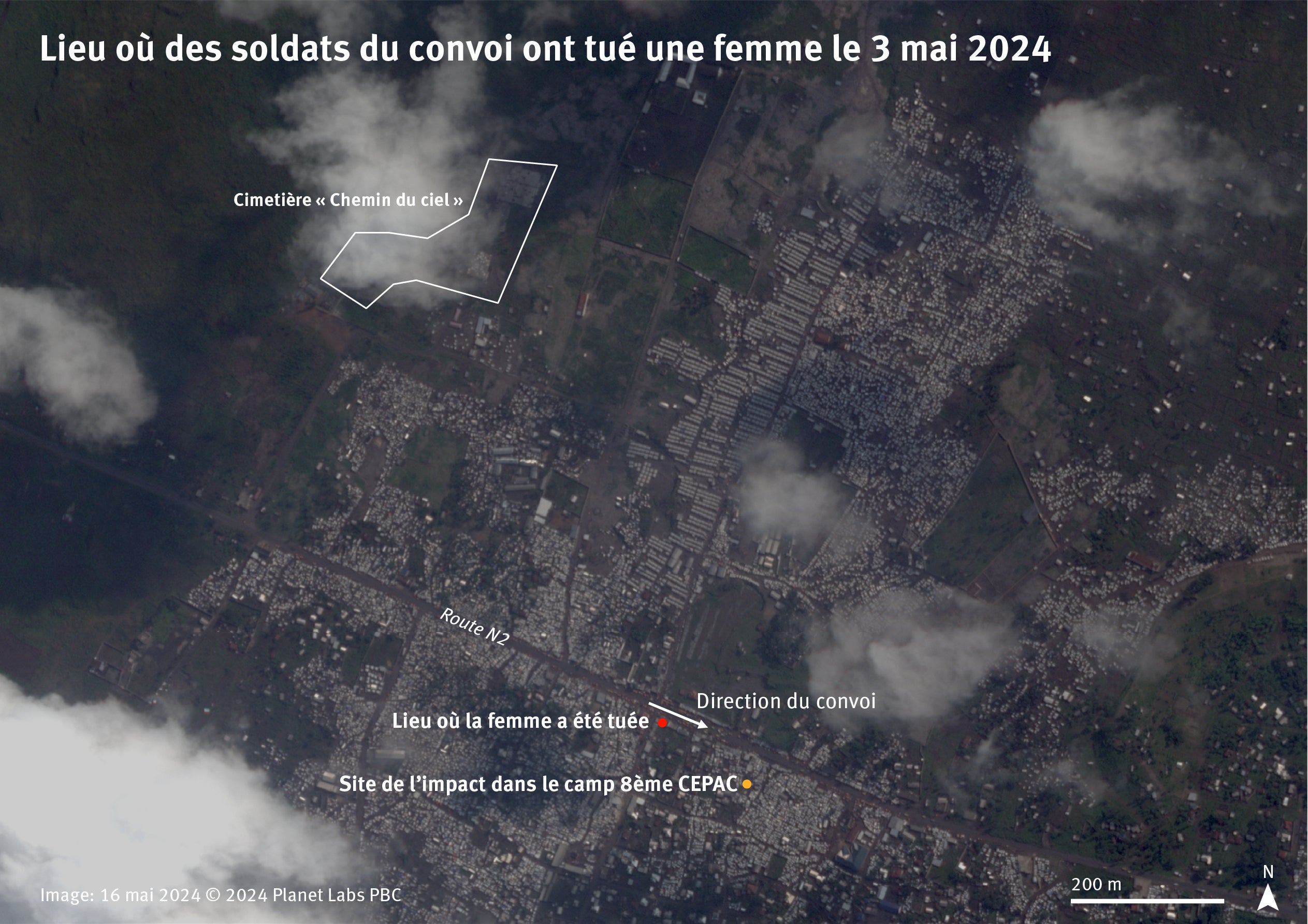 Lieu où des soldats d'un convoi présumé de l'armée congolaise ont abattu une femme le long de la route N2, peu après les attaques du 3 mai. Image