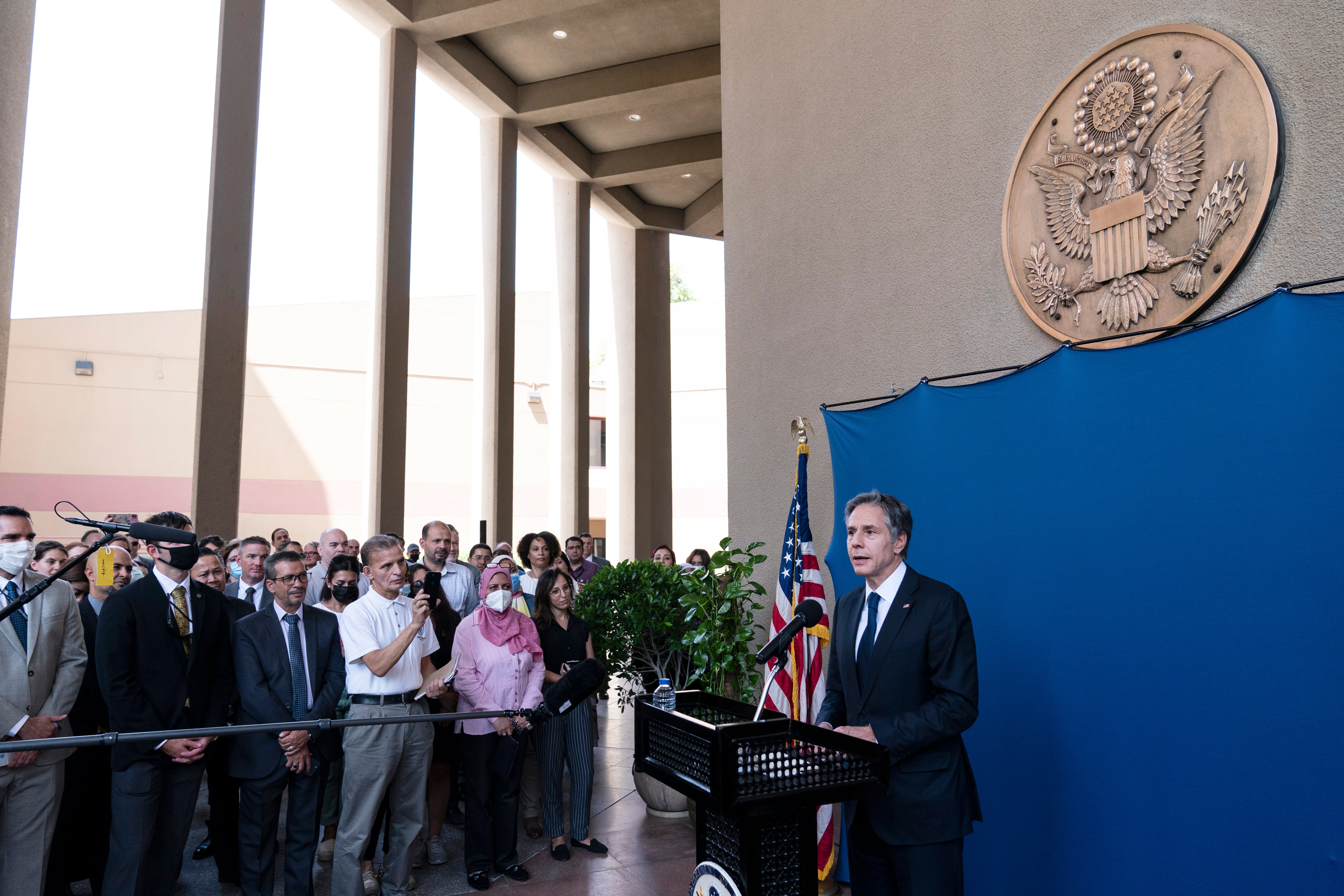 US Secretary of State Antony Blinken greets staff members at the US Embassy in Cairo, Egypt, May 26, 2021. 