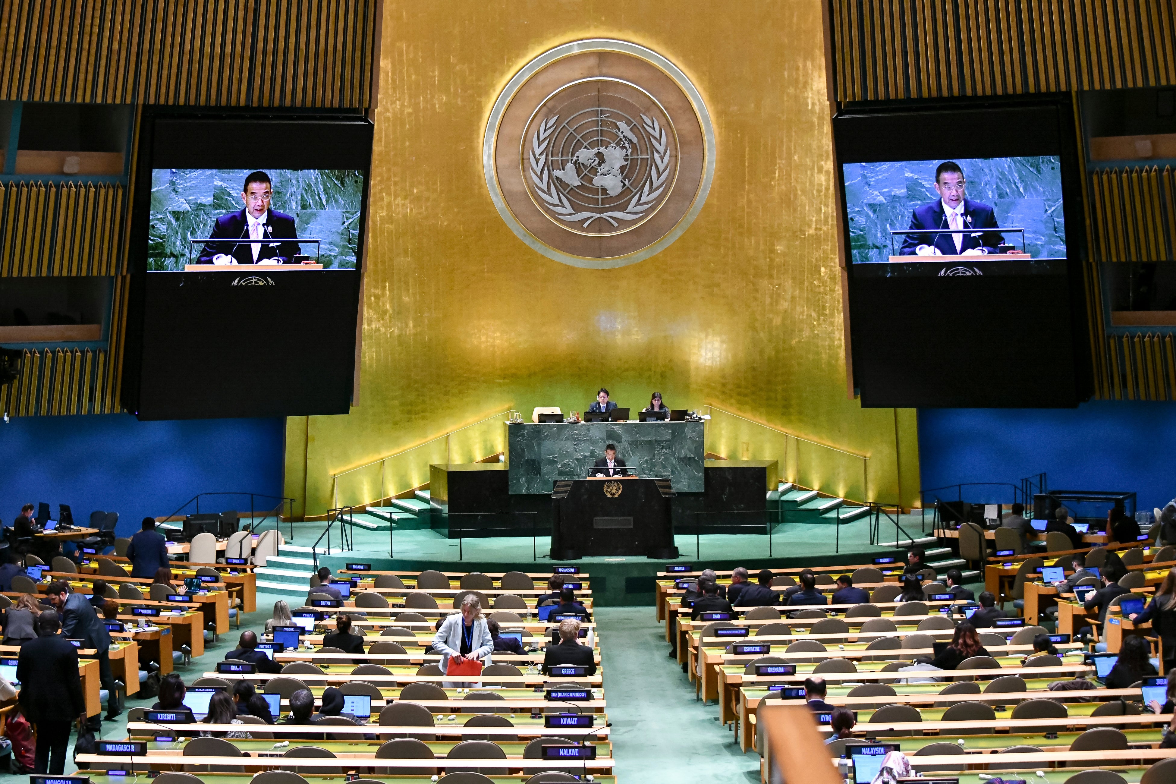 Thailand's minister of foreign affairs, Maris Sangiampongsa, delivers a statement at the 79th United Nations General Assembly at UN Headquarters in New York City, September 24, 2024
