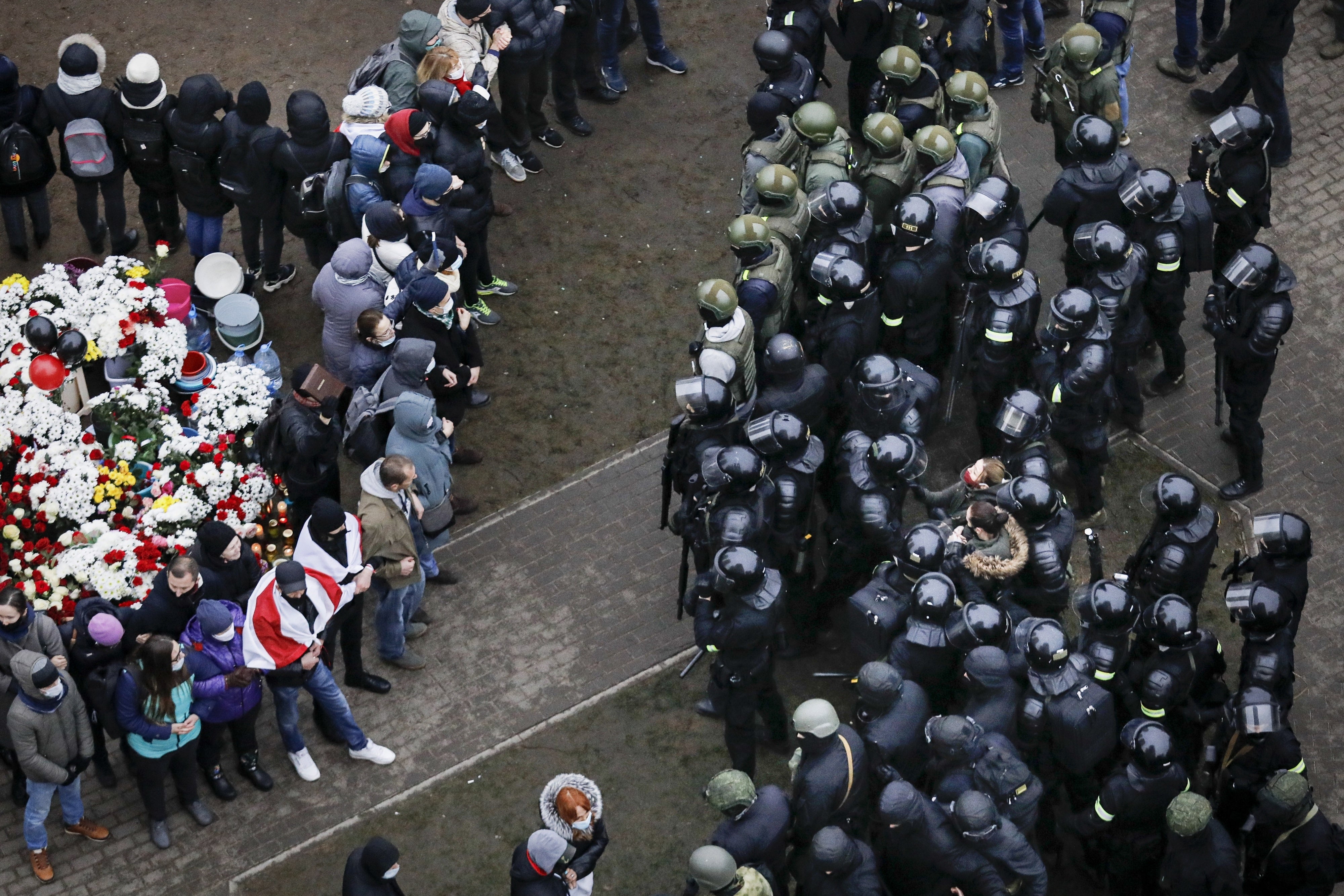 Belarusian riot police block participants at an opposition rally in Minsk, Belarus, shortly before parliamentary and local elections, and in the aftermath of the controversial presidential election results which were officially declared in favor of Alexander Lukashenko, November 15, 2020. 