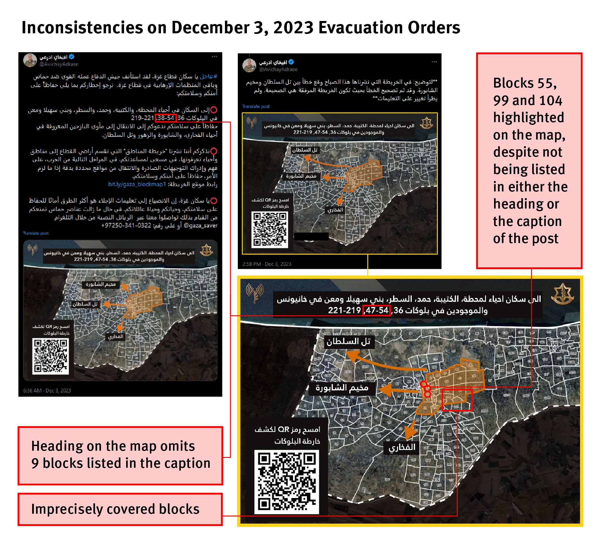 Annotated graphic of screenshots of evacuation orders shared on X/Twitter
