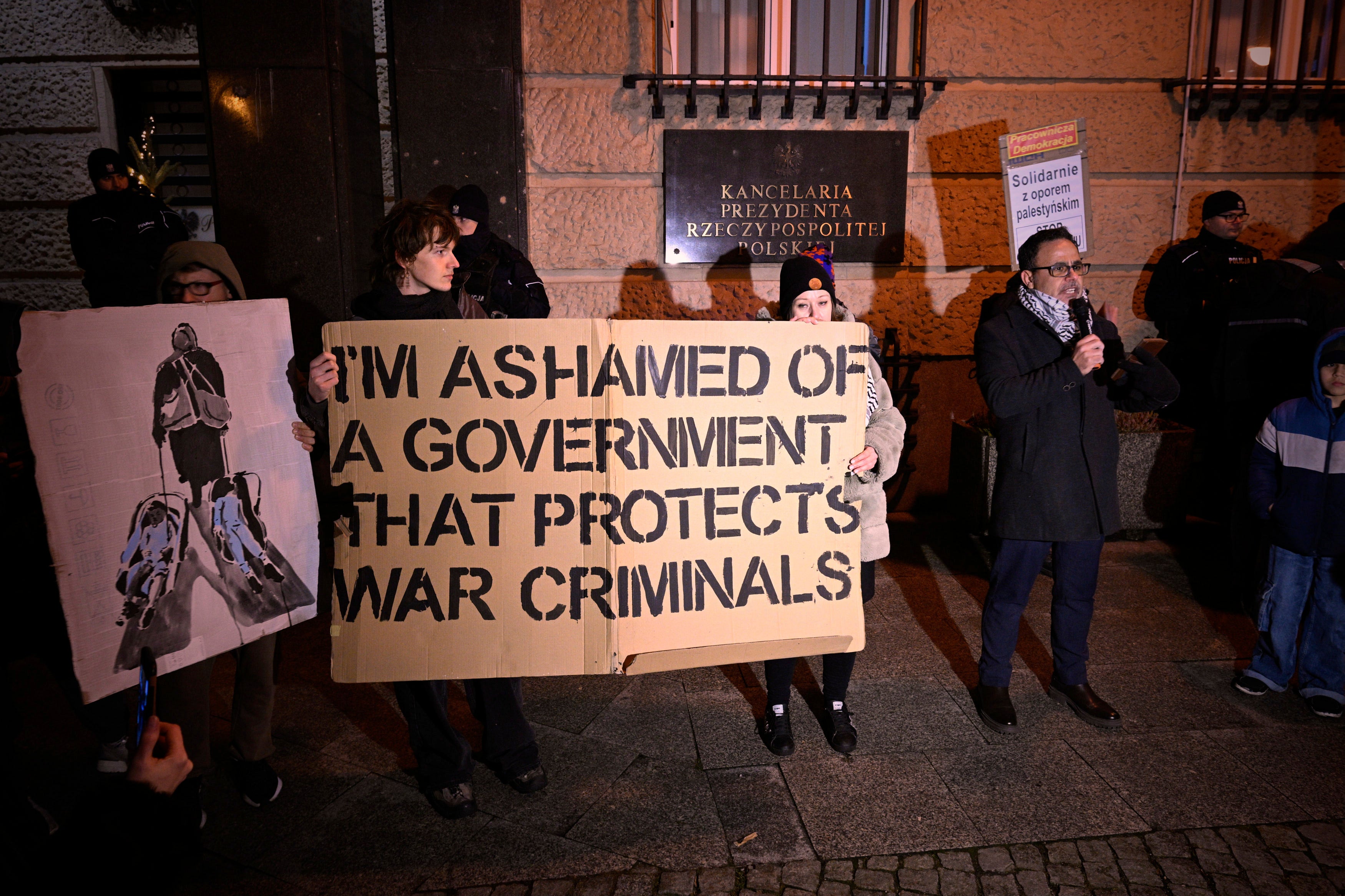 People protest the Polish government's decision on allowing Prime Minister Benjamin Netanyahu to attend the 80th anniversary of the Auschwitz liberation, January 10, 2025. 