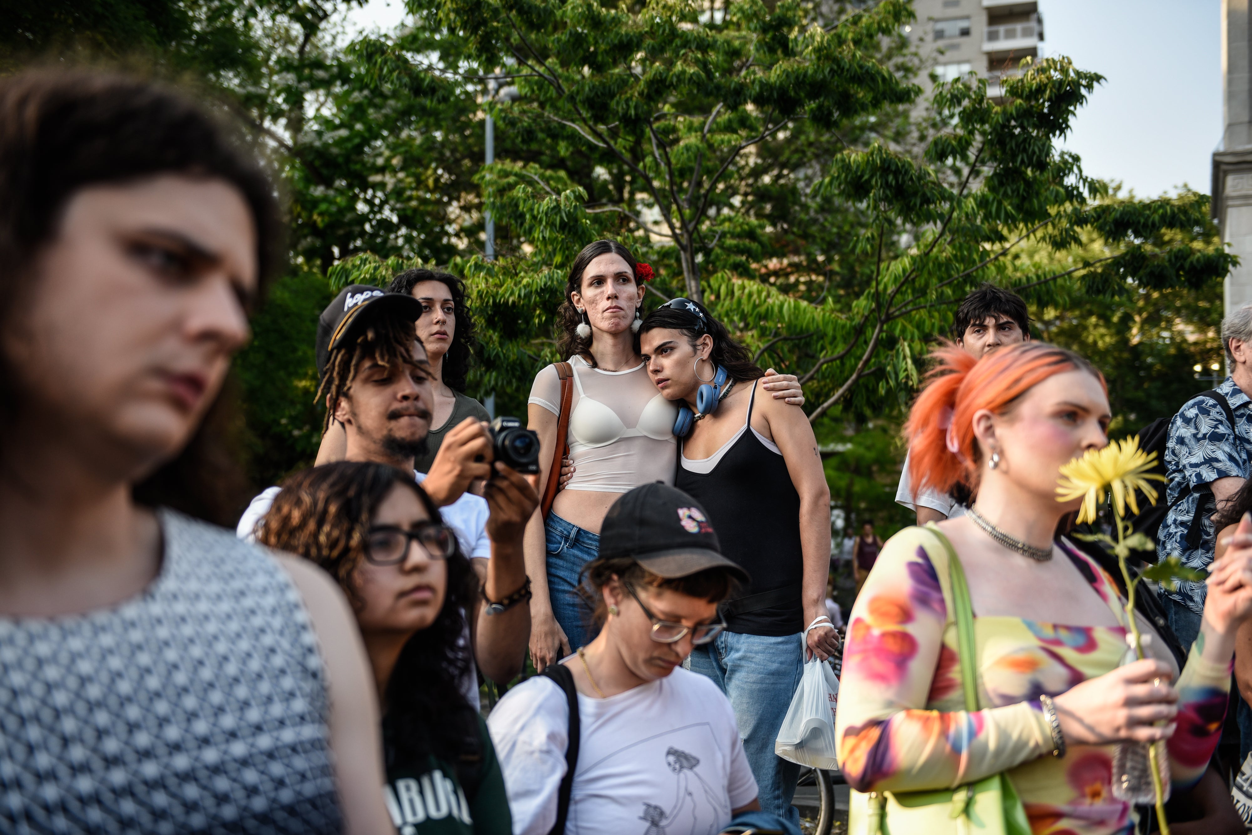 People participate in a weekly protest in support of trans people in Washington Square Park in New York City, US, May 31, 2023. 