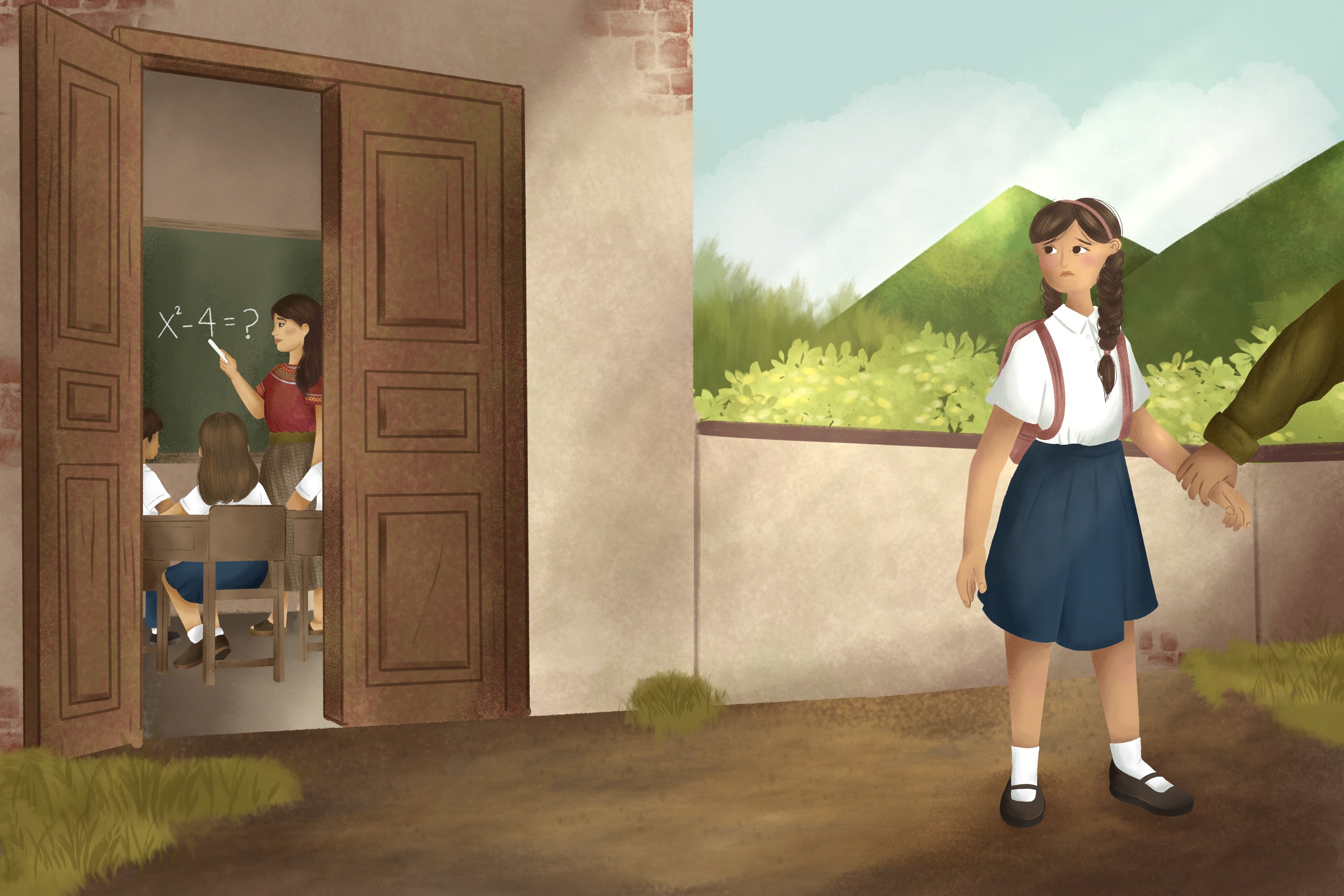 An illustration of a girl being pulled away from a classroom