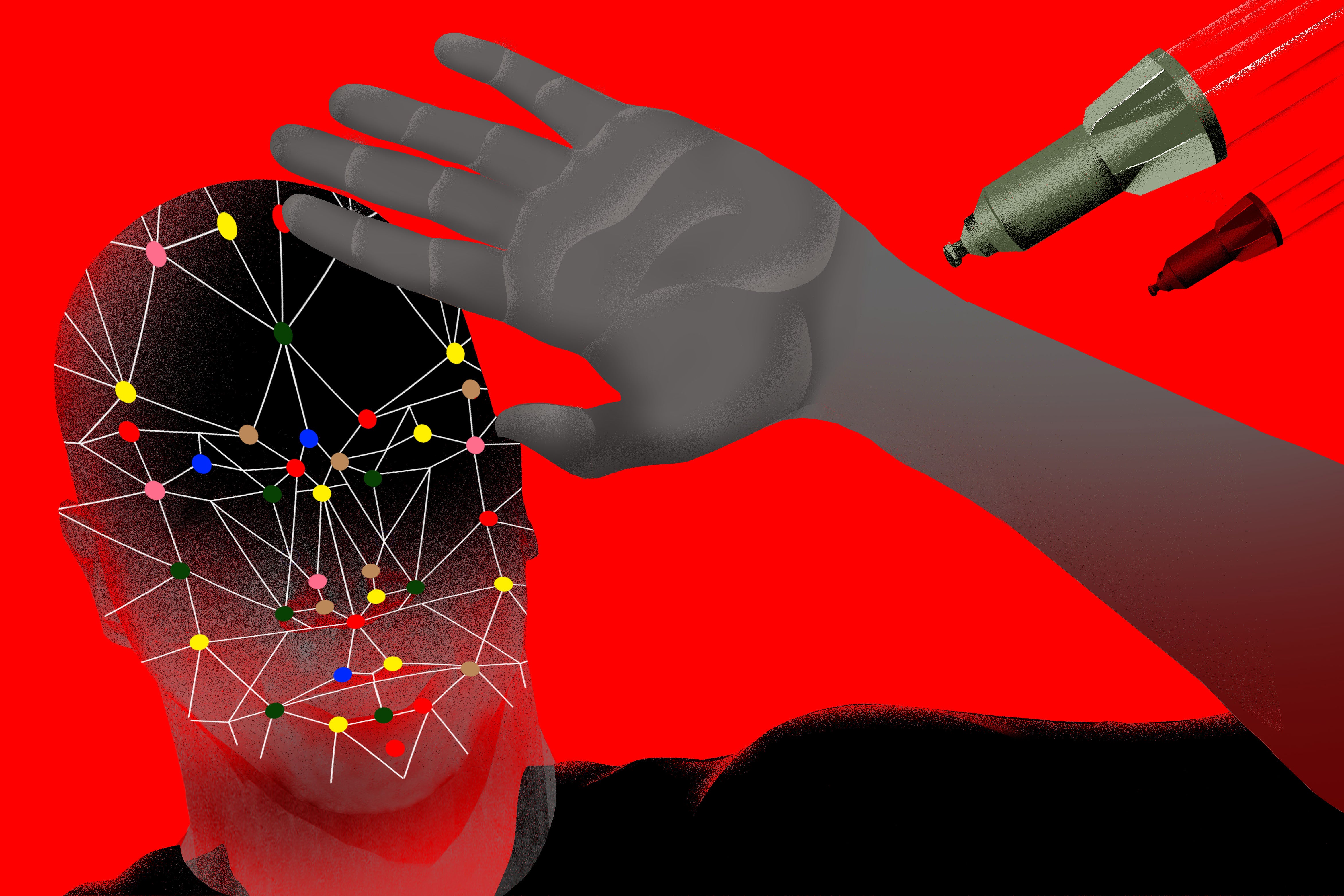 Illustration of weapons firing towards a person 