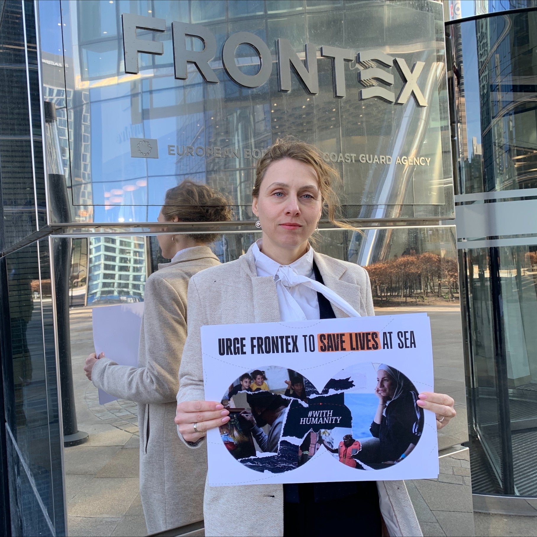 Iskra Kirova, Europe and Central Asia advocacy director at Human Rights Watch, in front of the Frontex headquarters in Warsaw, Poland, April 2, 2025.