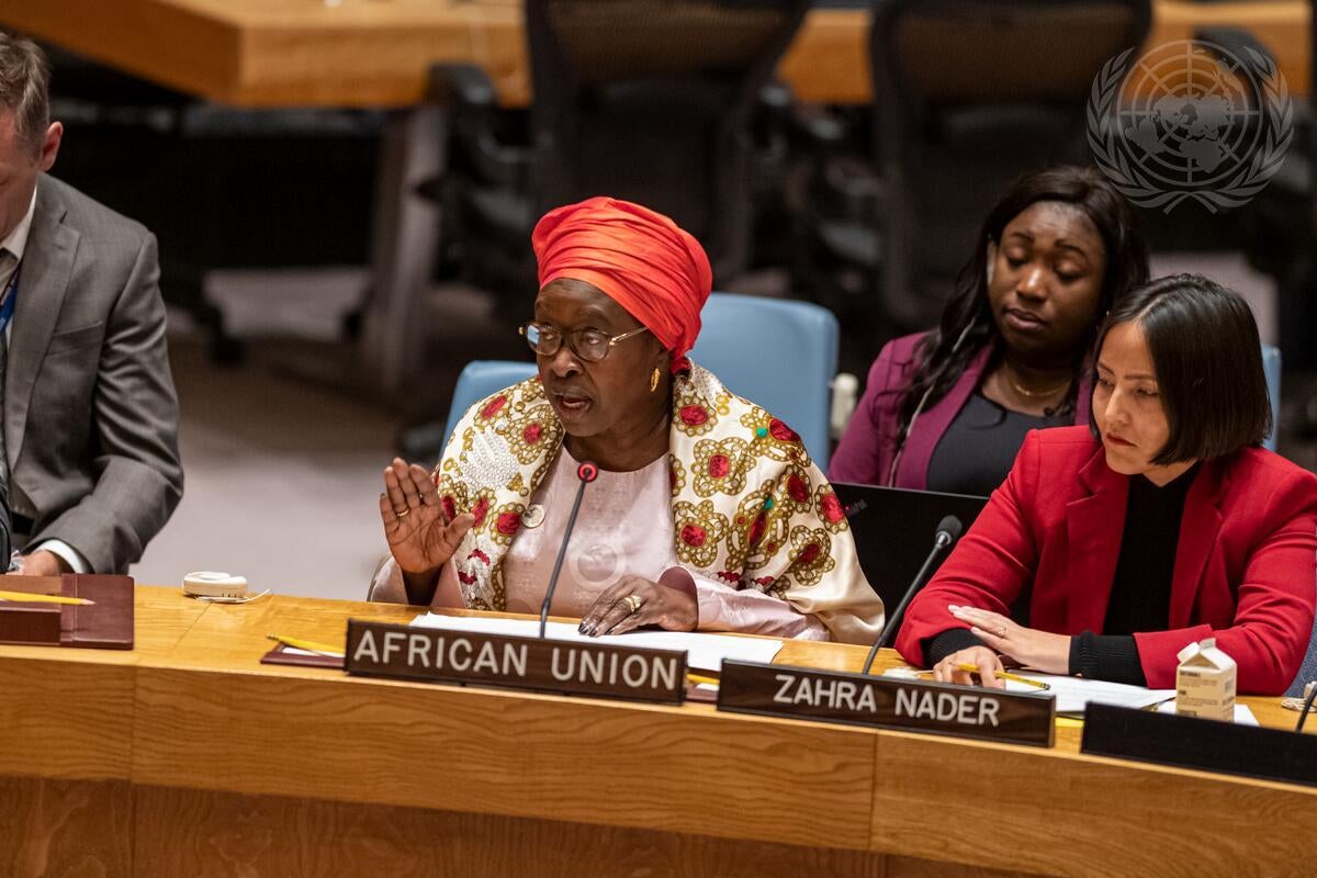 Bineta Diop from the African Union Special Envoy on Women and Peace and Security briefs the Security Council in New York, October 20, 2022.