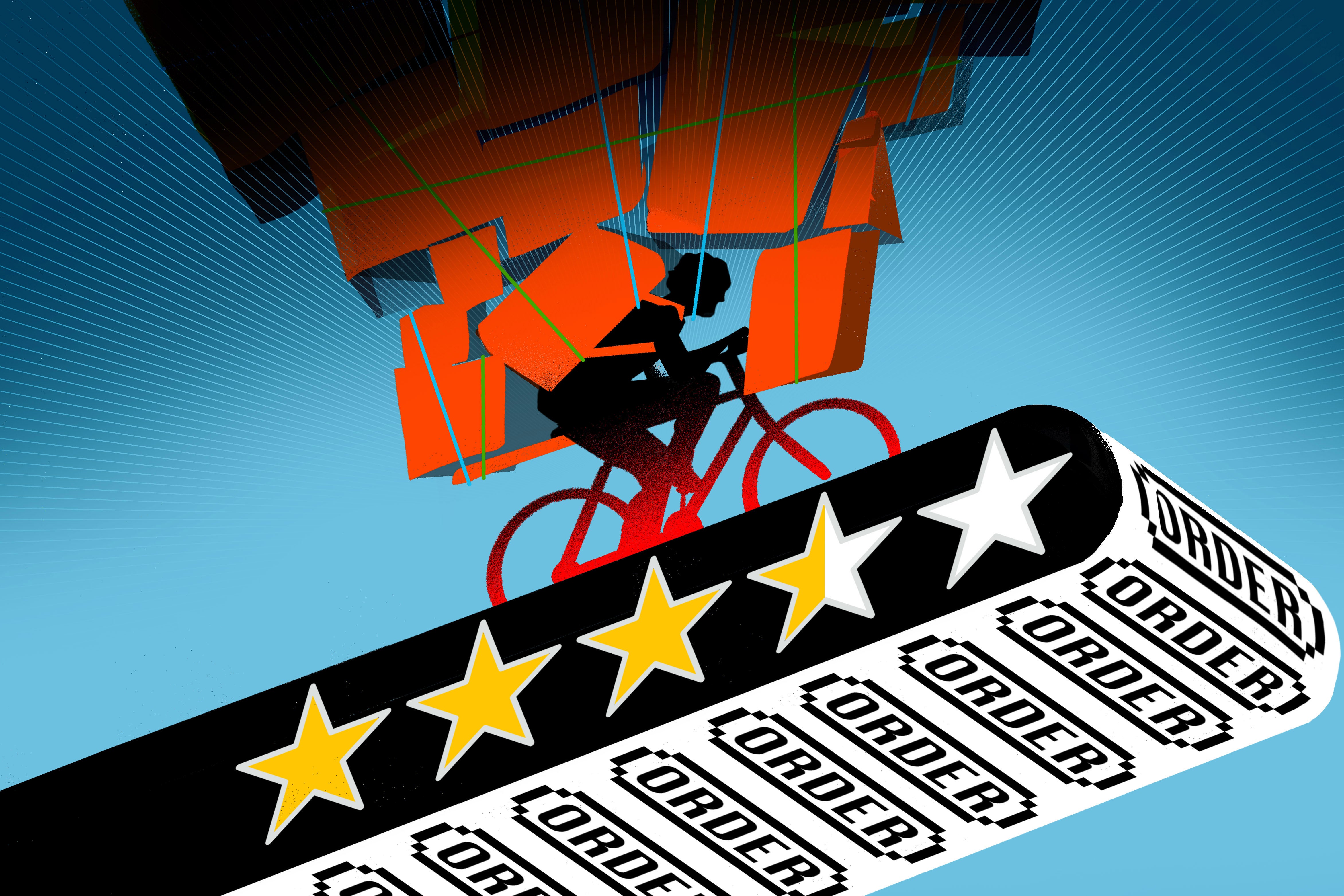 Illustration d’un « gig worker » sur une bicyclette, procédant à la livraison d’une commande effectuée via une plateforme numérique, en couverture d’un rapport de HRW publié en mai 2025 sur ce type de travail aux États-Unis. 