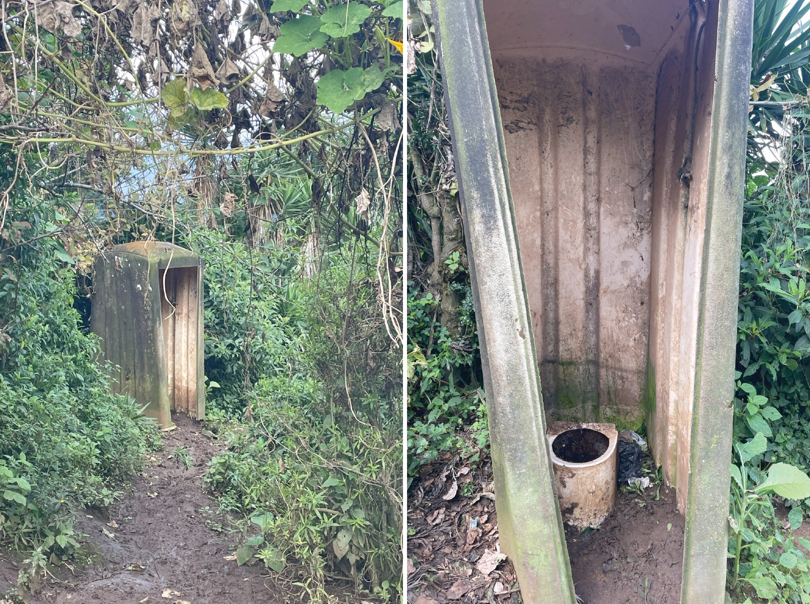 Side-by-side photos of an outdoor latrine