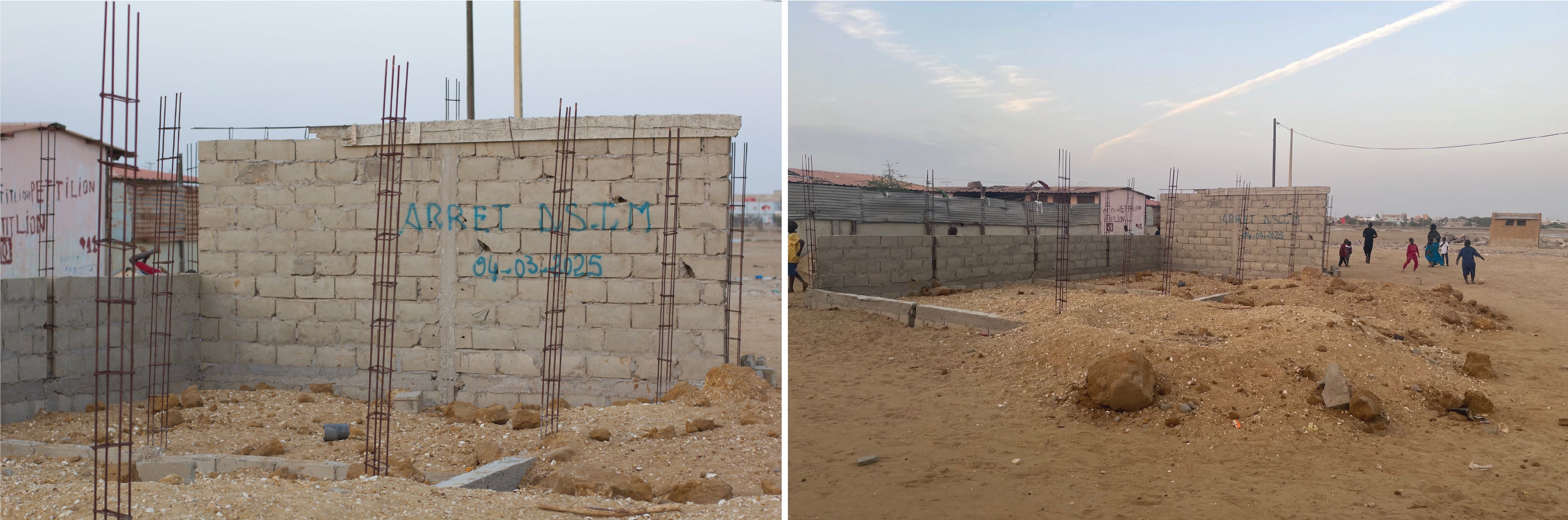 The partially constructed training center in Khar Yalla, with “Stop” spraypainted on it in French by municipal officials, April 2025. 