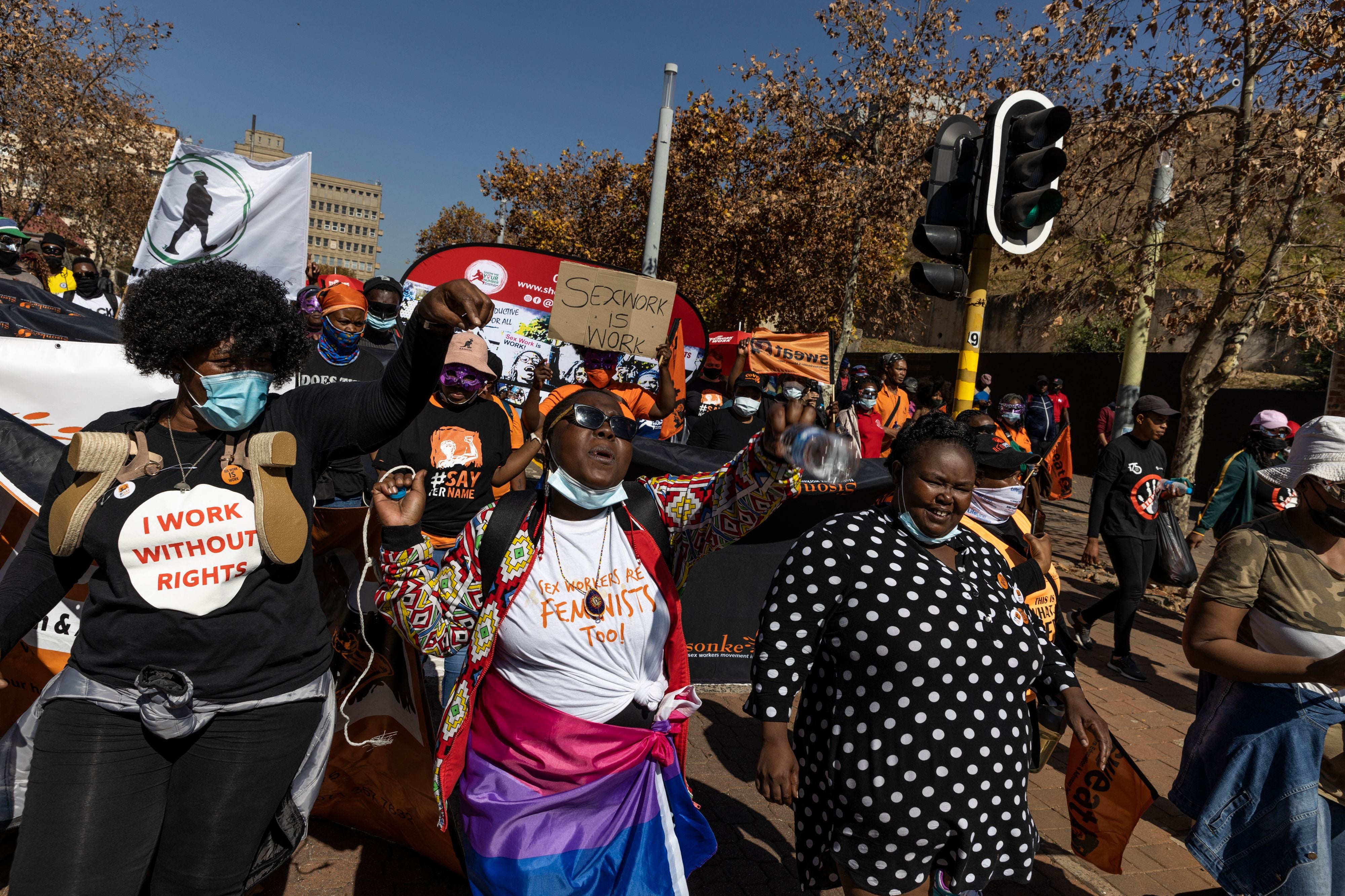 Sex workers and supporters attend a march calling for decriminalization of sex work in Johannesburg, South Africa, May 27, 2021.