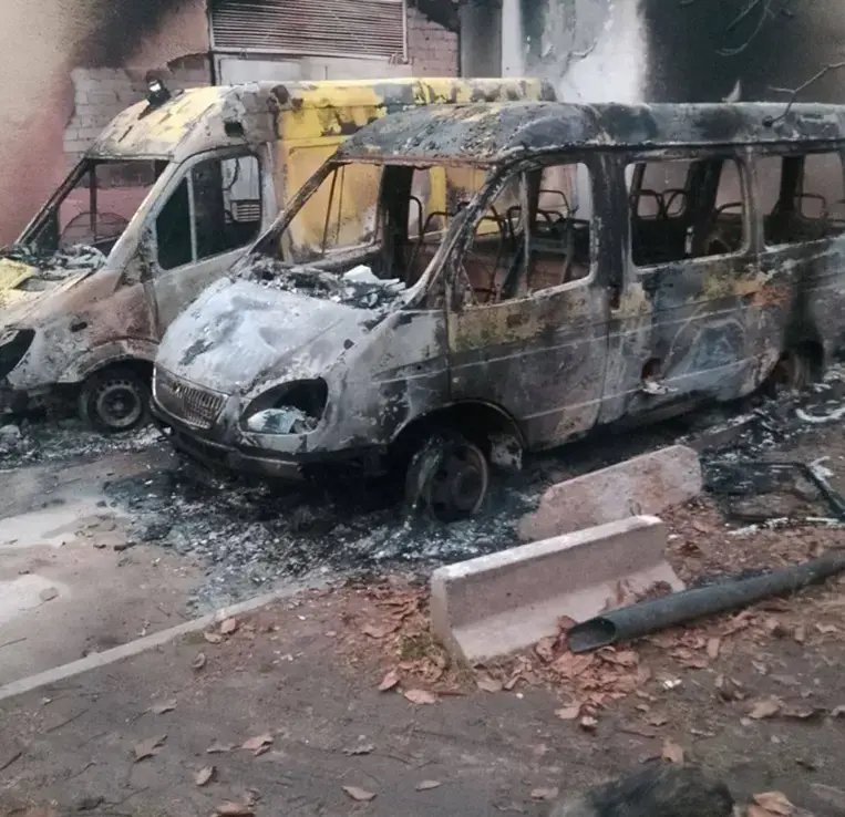 Two charred ambulances in Kherson. 