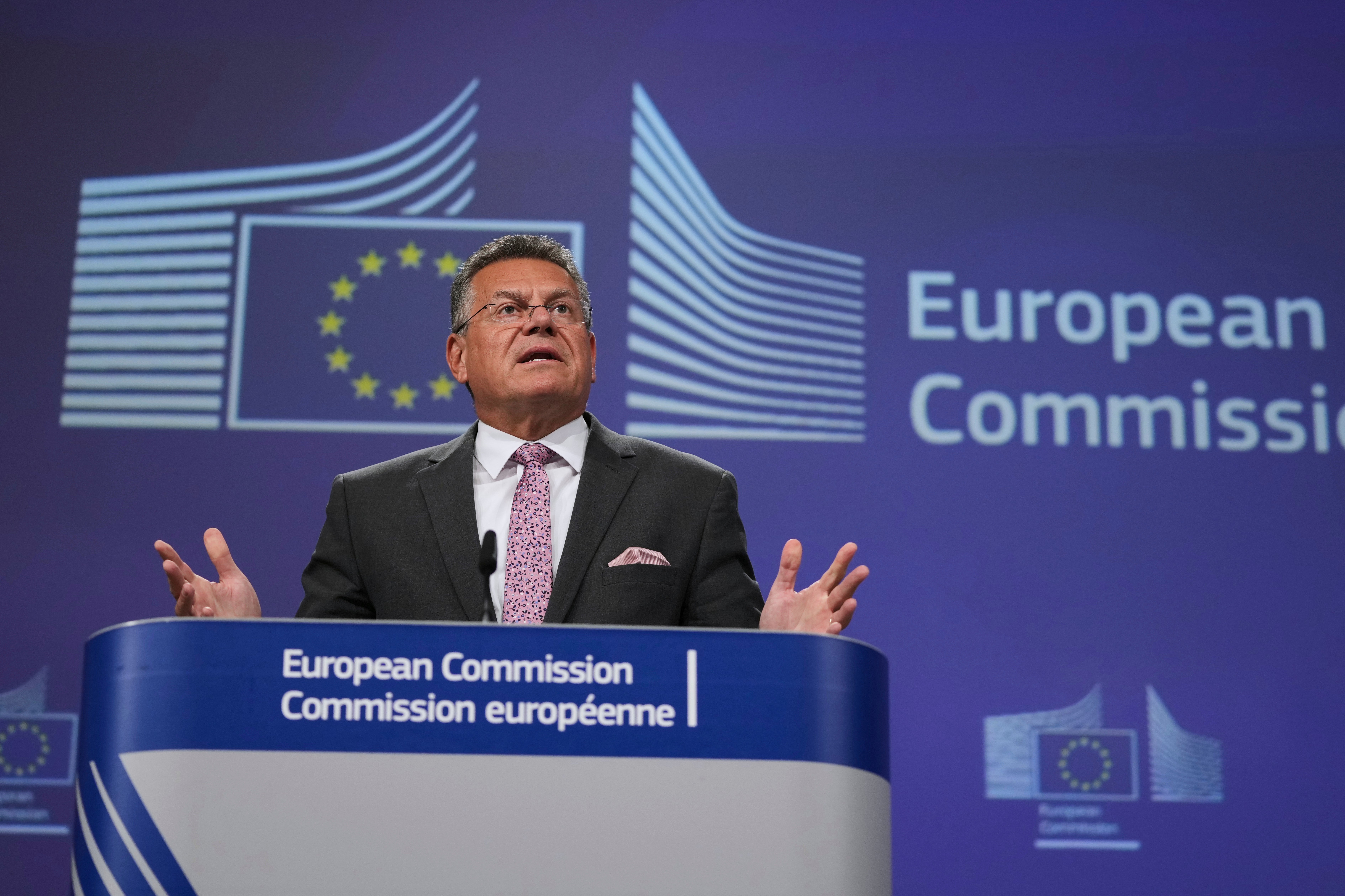 European Commissioner for Trade and Economic Security Maroš Šefčovič speaks during a media conference at EU headquarters in Brussels, September 3, 2025.