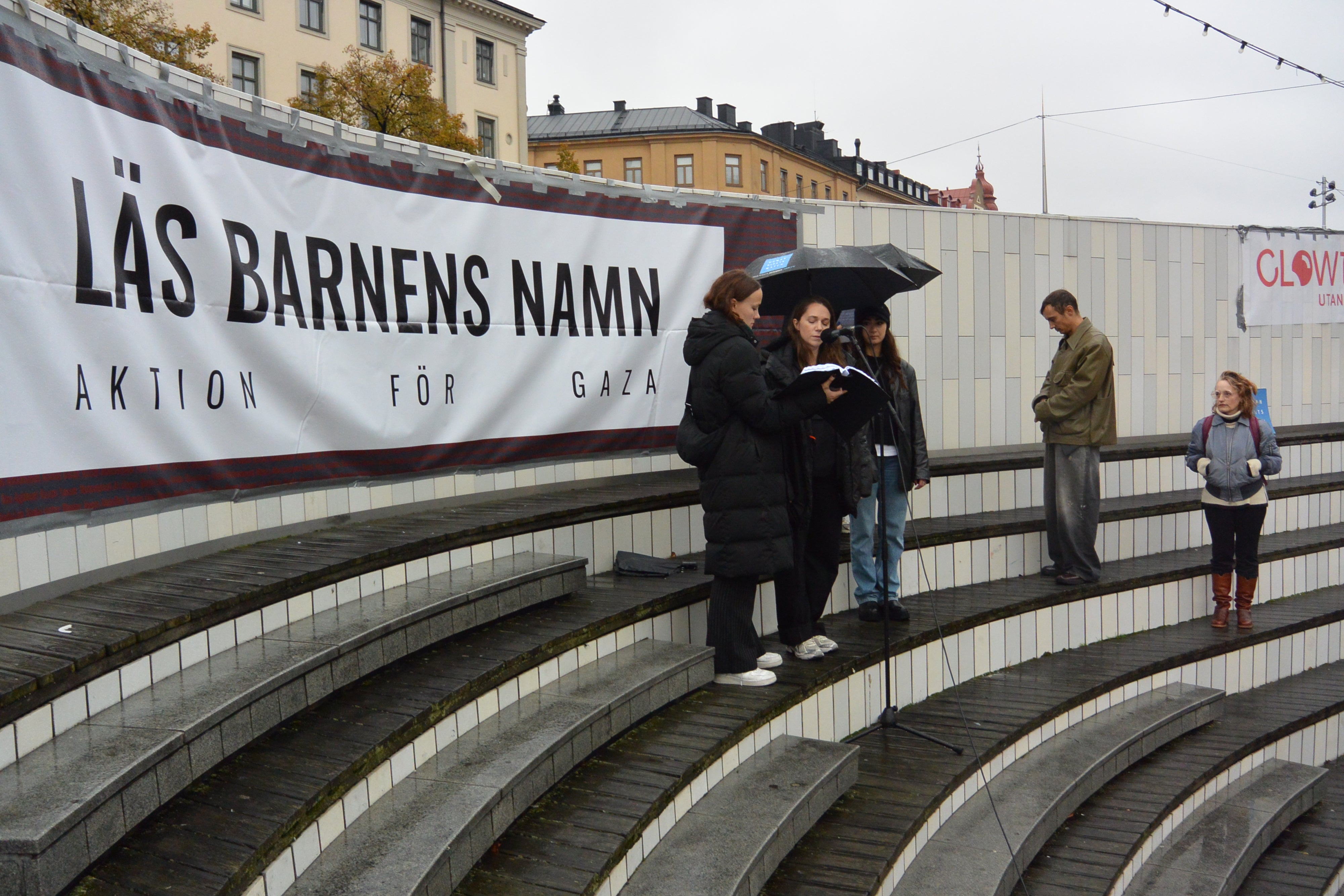 Demonstrators in Stockholm, Sweden read the names of the children killed in Gaza since October 7, 2023. 