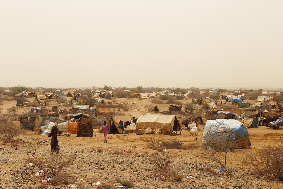 An informal camp outside the village of Bani Hassan housing thousands of people internally displaced by the war, most as a result of the ongoing airstrikes in northern Yemen 