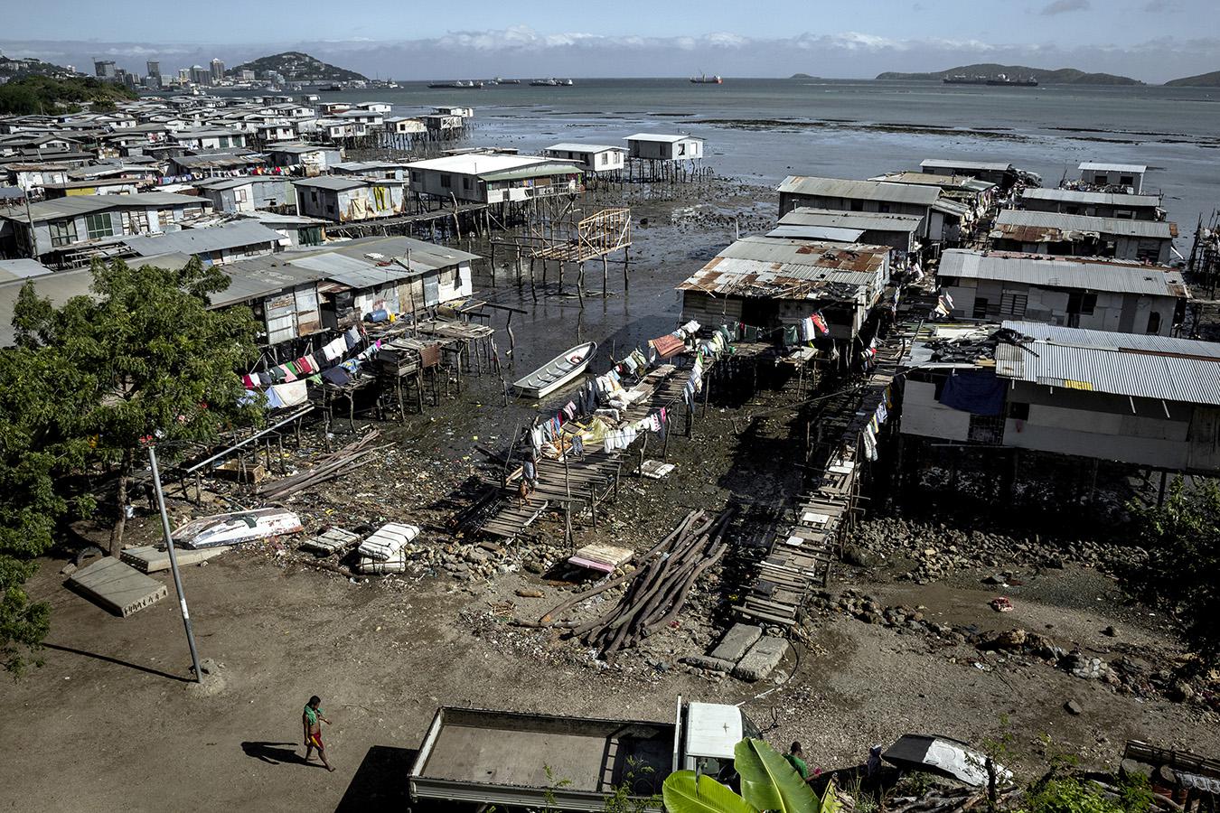 Stilt housing on the seafront in Port Moresby, the capital of Papua New Guinea.