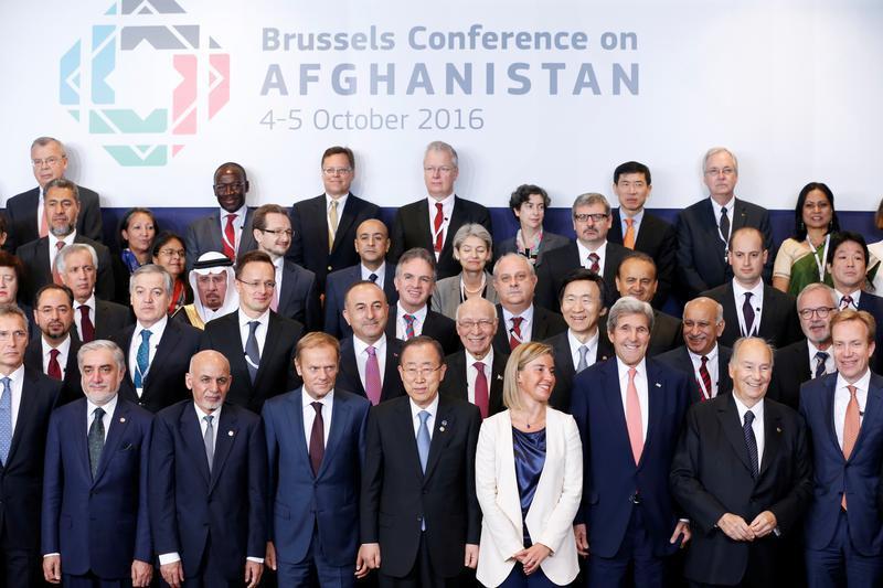 DATE IMPORTED:October 05, 2016(Front Row L-R) Afghanistan's Chief Executive Abdullah Abdullah, President Ashraf Ghani, European Council President Donald Tusk, U.N. Secretary General Ban Ki-moon, European Union foreign policy chief Federica Mogherini, U.S.