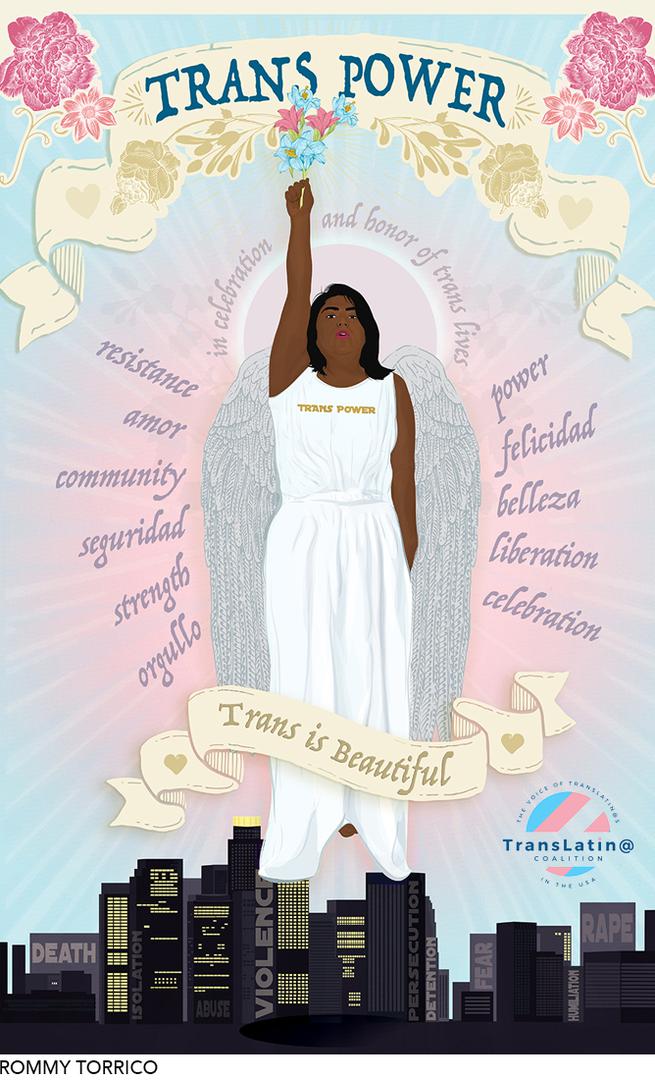 An illustration of a transgender immigrant created for Translatin@ Coalition in honor of Trans Day of Resilience.